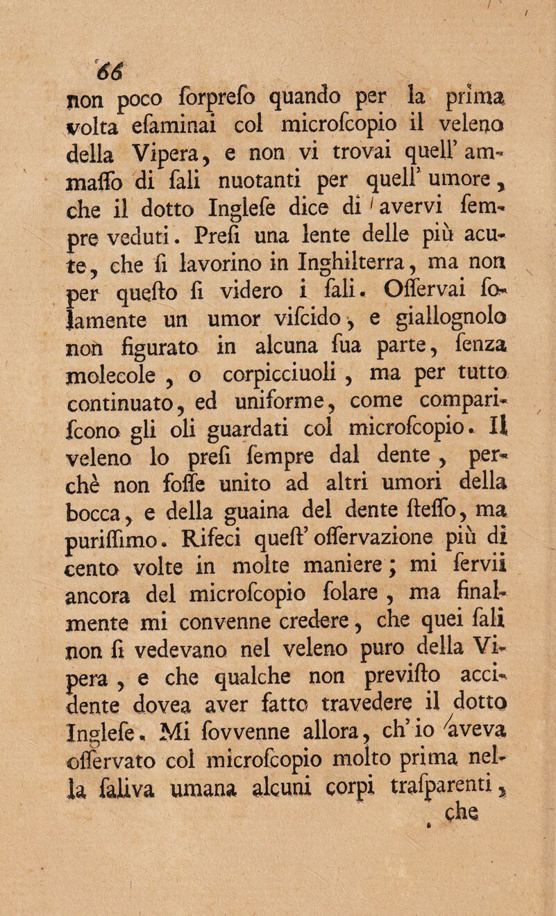 / 66 non poco forprefo quando per la prima volta efaminai col microfcopio il veleno della Vipera, e non vi trovai quell’ am¬ maliò di fali nuotanti per quell* umore, che il dotto Inglefe dice di1 avervi Tem¬ pre veduti. Preli una lente delle piu acu¬ te , che fi lavorino in Inghilterra, ma non per quello li videro i làli. Olfervai fel¬ lamente un umor vifeido, e giallognolo noti figurato in alcuna fua parte, fenza molecole , o corpicciuoli, ma per tutto continuato, ed uniforme, come compari- feono gli oli guardati coi microfcopio. Il veleno lo prefi Tempre dal dente , per¬ chè non folle unito ad altri umori della bocca, e della guaina del dente fielTo, ma puriffimo. Rifeci quell’olfervazione più di cento volte in molte maniere; mi fervii ancora del microfcopio folare , ma final¬ mente mi convenne credere, che quei fali non fi vedevano nel veleno puro della Vi¬ pera , e che qualche non previlìo acci¬ dente dovea aver fatto travedere il dotto Inglefe. Mi fovvenne allora, ch’io aveva olfervato col microfcopio molto prima nel¬ la fali va umana alcuni corpi trafparenti, che