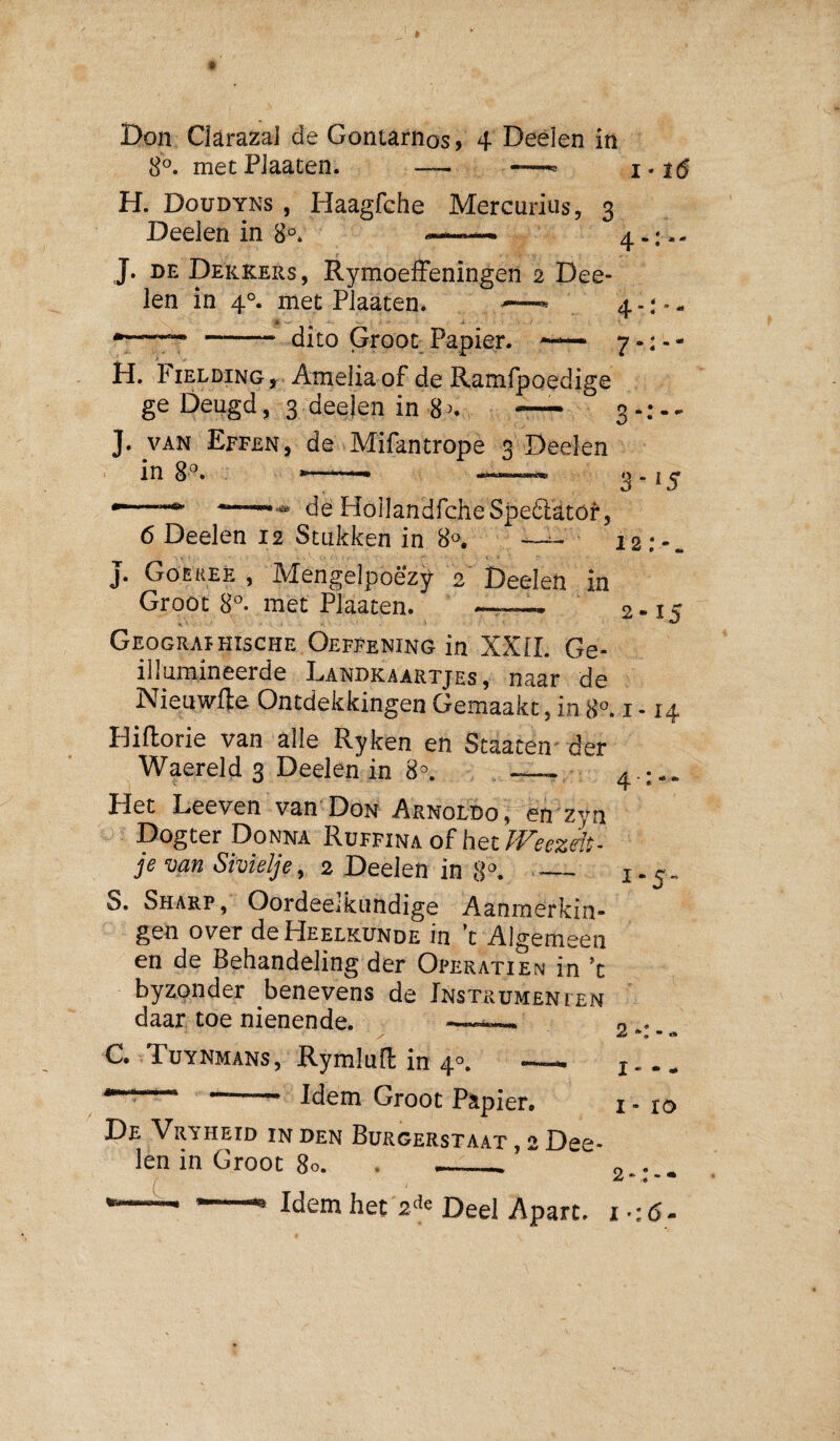 Don Ckrazal de Goniarnos, 4 Deèlen in 8°. metPJaaten. — -—= i H. Doüdyns , Haagfche Mercurius, 3 Deelen in — 4 -: - - J. DE Dekkers, RymoefFeningen 2 Dee¬ len in 4°. metPJaaten* —* 4-:»- ^ -- (jjj-Q Groot Papier. —— 7 -: - - H. Fielding, Ameliaof deRamfpoedige ge Deugd, 3 deelen in 8 — 3 *: - - J. VAN Effen, de Mifantrope 3 DeeJen in 8^. »—3 ‘ i 5 de HolIandfclieSpeólatöf 5 6 Deelen 12 Stulcken in 8®, 12;-. J. Göekeé , Mengelpoezy 2 Deelen in Groot 8°. met Plaaten. —— 2-15 Geographische Oeffenïng in XXJI. Ge- illumineerde Landkaartjes, naar de Nieuwfte Ontdekkingen Gemaakt, in 8°. i -14 Hiflorie van alle Ryken en Scaaten' der Waereld 3 Deelen in 8^ —. 4 :-. Het Leeven van'DoN ARNoLDoT^n zyn Dogter Donna Rüffina of het je van Sivïelje, 2 Deelen in 8'._1.5- S. Sharp, Oordeelkundige Aanmerkin¬ gen over de Heelkunde in k Algemeen en de Behandeling der Operatien in ’t byzonder benevens de Jnstrumenien daar toe nienende. . C. Tuynmans, Rymlufl in 4^ Idem Groot Papier I I 10 De Vryheid in den Burgerstaat , 2 Dee¬ len in Groot 80. . ___ 2-:-- Idem het 2de Deel Apart, 1^:6.