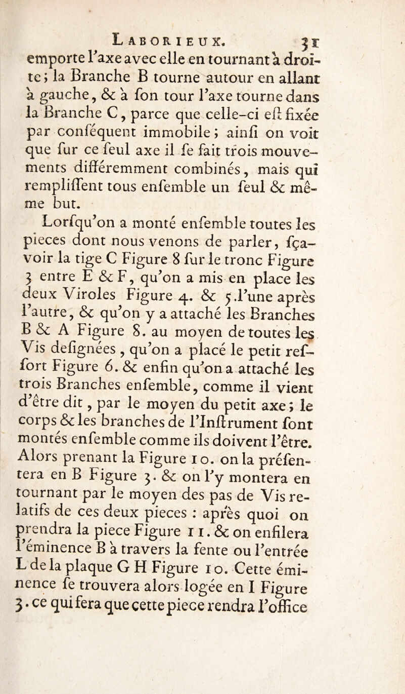 emporte Taxe avec elle en tournant a droi¬ te ; la Branche B tourne autour en allant à gauche, & a Ton tour l’axe tourne dans la Branche C, parce que celle-ci efî fixée par conféquent immobile; ainfi on voit que fur ce feul axe il fe fait trois mouve¬ ments différemment combinés, mais qui remplirent tous enfemble un feul & mê¬ me but. Lorfqu’on a monté enfemble toutes les pièces dont nous venons de parler, fça- voir la tige C Figure 8 fur le tronc Figure 3 entre E & F, qu’on a mis en place les deux Viroles Figure 4. & 5.l’une après l’autre, & qu’on y a attaché les Branches B & A Figure 8. au moyen de toutes les Vis defig nees ? qu'on a placé le petit re£- fort Figure 6. & enfin qu’on a attaché les trois Branches enfemble, comme il vient d’être dit, par le moyen du petit axe ; le corps &les branches de l’Inffrument font montés enfemble comme ils doivent l’être. Alors prenant la Figure 1 o. on la préfen- tera en B Figure 3. & on l’y montera en tournant par le moyen des pas de Vis re¬ latifs de ces deux pièces : apres quoi on prendra la piece Figure 11. & on enfilera l’éminence B a travers la fente ou l’entrée L de la plaque G H Figure 10. Cette émi¬ nence fe trouvera alors logée en I Figure