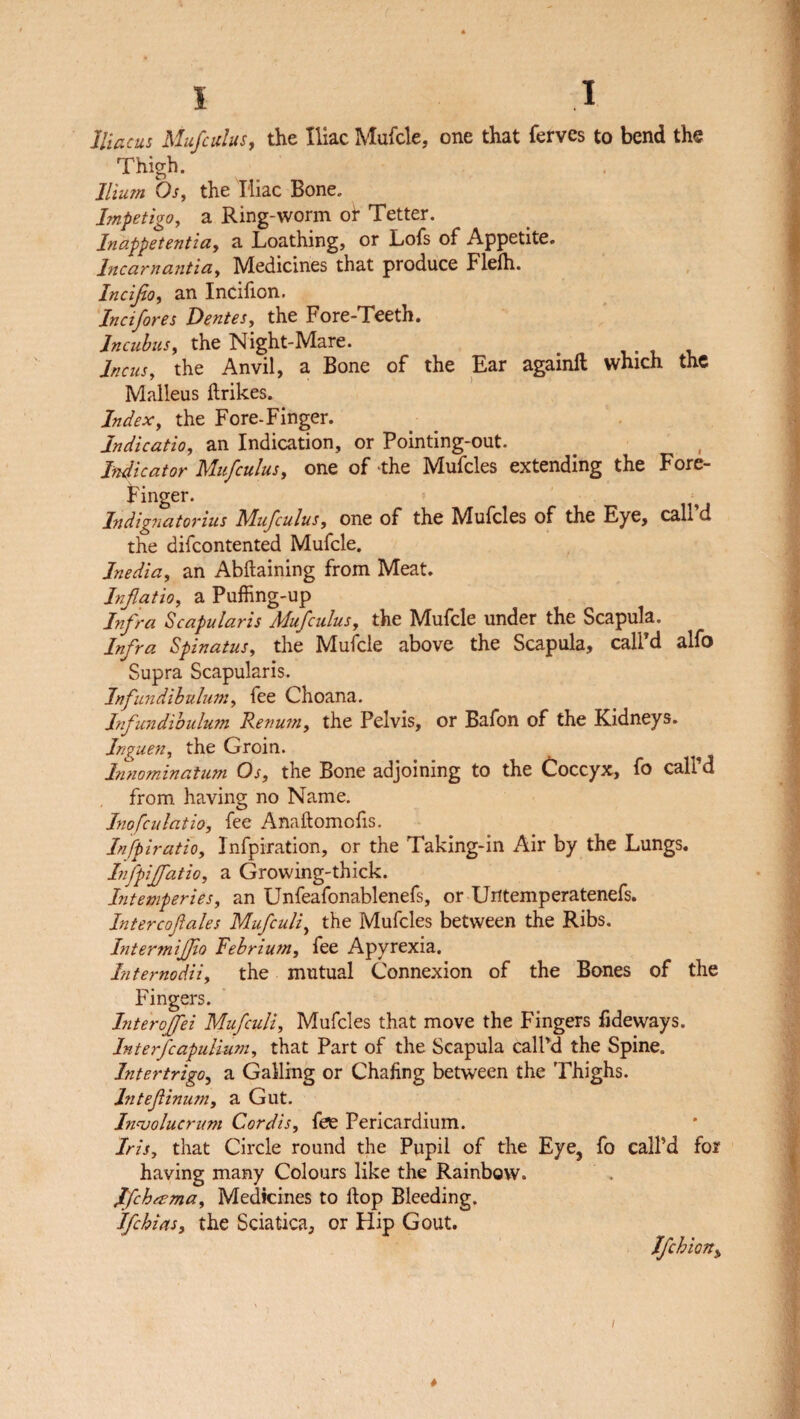 Iliac us Mufculus, the Iliac Mufcle, one that ferves to bend the Thigh. Ilium Os, the Iliac Bone. Impetigo, a Ring-worm of Tetter. Inappetentia, a Loathing, or Lofs of Appetite. Inc am anti a. Medicines that produce Flelh. Incifio, an Incifion. Incifores Dentes, the Fore-Teeth. Incubus, the Night-Mare. the Anvil, a Bone of the Ear againft which the Malleus llrikes. Index, the Fore-Finger. Jndicatio, an Indication, or Pointing-out. Indicator Mufculus, one of the Mufcles extending the Fore- Finger. Indignatorius Mufculus, one of the Mufcles of the Eye, call’d the difcontented Mufcle. Inedia, an Abftaining from Meat. Infatio, a Puffing-up Infra Scapular is Mufculus, the Mufcle under the Scapula. Infra Spinatus, the Mufcle above the Scapula, call’d alfo Supra Scapularis. Infundibulum, fee Choana. Infundibulum Renum, the Pelvis, or Bafon of the Kidneys. Inguen, the Groin. Innominatum Os, the Bone adjoining to the Coccyx, fo call’d from having no Name. Inofculatio, fee Anaftomofis. Infpiratio, Infpiration, or the Taking-in Air by the Lungs. Infpijfatio, a Growing-thick. Intemperies, an Unfeafonablenefs, or Untemperatenefs. Intercoftales Mufculi, the Mufcles between the Ribs. Inter mijfio Febrium, fee Apyrexia. Intemodii, the mutual Connexion of the Bones of the Fingers. Liter offei Mufculi, Mufcles that move the Fingers Tideways. Interfcapulium, that Part of the Scapula call’d the Spine. Intertrigo, a Galling or Chafing between the Thighs. lntefinum, a Gut. Innjolucrunt Cordis, fee Pericardium. Iris, that Circle round the Pupil of the Eye, fo call’d for having many Colours like the Rainbow. Jfchfema, Medicines to Hop Bleeding. Ifchias, the Sciatica, or Hip Gout. Ifchion,