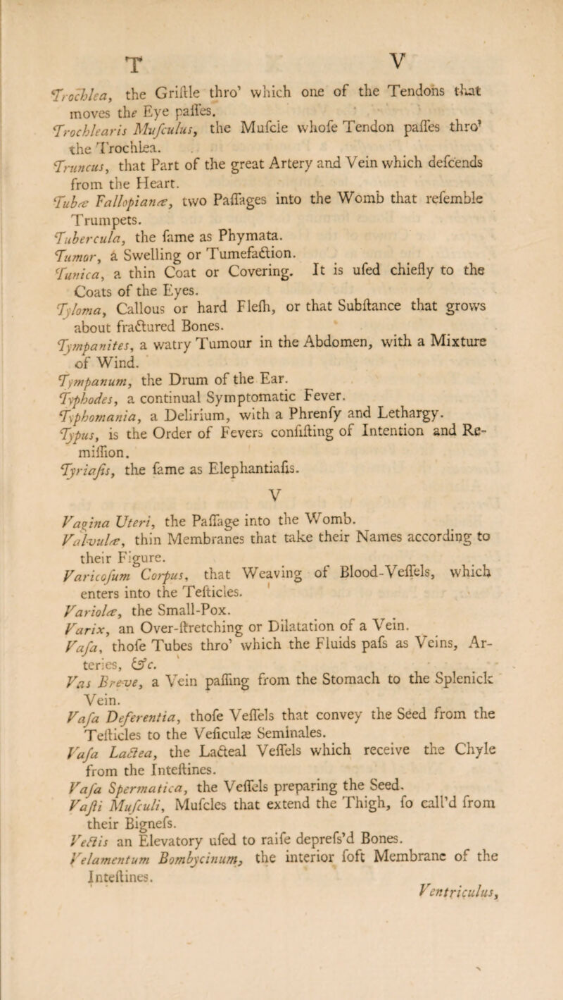 «Trochlea, the Griftle thro’ which one of the Tendons that moves th* Eye paifes. Trochlear is Mufcuius, the Mufcie vvhofe Tendon pafles thro* the Trochlea. Triincus, that Part of the great Artery and Vein which defeends from the Heart. Tuba Fallopiana, two Paffages into the Womb that refemble Trumpets. Tubercula, the fame as Phymata. Tumor, £l Swelling or Tumefaction. Tunica, a thin Coat or Covering. It is ufed chiefly to the Coats of the Eyes. Tyloma, Callous or hard Flelh, or that Subftance that grows about fraCtured Bones. Tympanites, a watry Tumour in the Abdomen, with a Mixture ' of Wind. Tympanum, the Drum of the Ear. Typhodes, a continual Symptomatic Fever. Txphomania, a Delirium, with a Phrenfy and Lethargy. Tjpus, is the Order of Fevers confifting of Intention and Re- miflion. Tyriafis, the fame as Elephantiafis. V Vagina Uteri, the Paflage into the Womb. Valvula, thin Membranes that take their Names according to their Figure. Varicofum Corpus, that Weaving of Blood-Veffels, which enters into the Tefticles. Variola, the Small-Pox. Varix, an Over-ftretching or Dilatation of a Vein. Vafa, thole Tubes thro’ which the Fluids pafs as Veins, Ar¬ teries, & c. Vas Breve, a Vein palling from the Stomach to the Splenick Vein. Vafa Deferentia, thofe Veflels that convey the Seed from the Tellicles to the Veficuke Seminales. Vafa Ladlea, the Ladeal Veflels which receive the Chyle from the Inteftines. Vafa Spermatica, the Veflels preparing the Seed. Vafti Mufculi, Mufcles that extend the Thigh, fo call’d from their Bignefs. Vert is an Elevatory ufed to raife deprefs’d Bones. Velamentum Bombycinum, the interior foft Membrane of the Inteftines. Ventriculus,