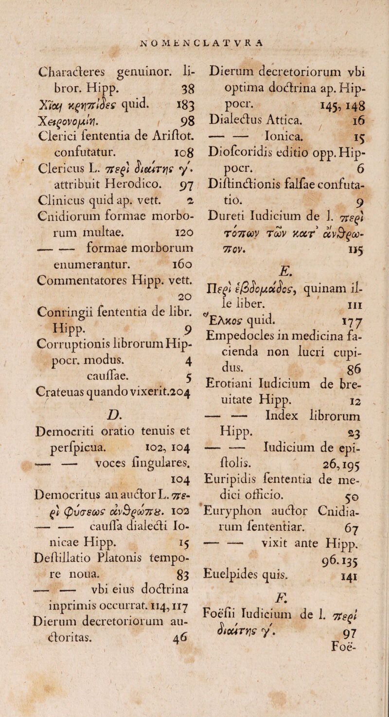 / NOMiiNCLATVR A Charaderes genuinor. li¬ bror. Hipp. 38 Xiotf quid. 183 X&gOVOfAW. 98 Clerici fententia de Ariftot. confutatur. 108 Clericus L. 7teg) Si.$uryjs y* attribuit Herodico. 97 Clinicus quid ap. vett. a Cnidiorum formae morbo¬ rum multae. 120 -formae morborum enumerantur. 160 Commentatores Hipp. vett. 20 Conringii fententia de libr. Hipp. 9 Corruptionis librorum Hip- pocr. modus. 4 caullae. 5 Crateuas quando vixerit.204 D. Democriti oratio tenuis et perfpicua. 102, 104 — — voces lingulares. 104 Democritus an audor L. 7rs- g) (fivffSGOS CCV&gGQTrS' 102 -— — caulfa dialedi Io¬ nicae Hipp. 15 Dellillatio Platonis tempo¬ re noua. 83 -— — vbi eius dodrina inprimis occurrat. 114,117 Dierum decretoriorum au- doritas. Dierum decretoriorum vbi optima dodrina ap. Hip- pocr. 145, i4g Dialedus Attica. 16 — — Ionica. 15 Diofcoridis editio opp. Hip¬ po cn 6 Dillindionis falfae confuta¬ tio* 9 Dureti Iudicium de J. 7rsq) T071WV TOJV KOCT CCV&QOO- 710\. IJ5 E. Ito) quinam il- le liber. iii ^EAKos quid. 177 Empedocles in medicina fa- cienda non lucri cupi- dus. 86 Erotiani Iudicium de bre- uitate Hipp. 12 — — Index librorum Hipp. 23 — ~— Iudicium de epi- Holis. 26,195 Euripidis fententia de me¬ dici officio. 50 Euryphon audor Cnidia- rum fententiar. 67 — -— vixit ante Hipp. ,96.135 Euelpides quis. 141 F. Foefii Iudicium de 1. 7tsQt Sicuris y. 97 Foe-