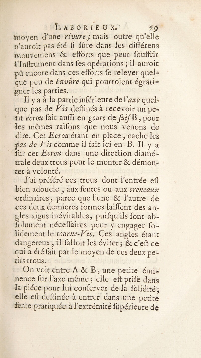 'moyen d’une rivure, mais outre qu'elle n’auroit pas été li fûre dans les différens mouvemens & efforts que peut fouffrir l’Inftrument dans fes opérations ; Il auroit pu encore dans ces efforts fe relever quel¬ que peu de bavure qui pourroient égrati¬ gner les parties. Il y a à la partie inférieure de!'axe quel¬ que pas de Vis deftinés à recevoir un pe¬ tit écrou fait aufïi en goûte de fuifE, pour les mêmes raifons que nous venons de dire. Cet Ecrou étant en place, cache les ■pas de Vis comme il fait ici en B. Il y a fur cet Ecrou dans une direction diamé¬ trale deux trous pour le monter & démon¬ ter à volonté. J’ai préféré ces trous dont l’entrée eft bien adoucie 3 aux fentes ou aux créneaux ordinaires, parce que l’une & l’autre de ces deux dernieres formes laiffent des an¬ gles aigus inévitables, puifqu’ils font ab¬ solument néceffaires pour y engager fc~ lidement le tourne-Vis. Ces angles étant dangereux, il falloir les éviter; & c’eft ce qui a été fait par le moyen de ces deux pe¬ tits trous. On voit entre A & B, une petite émi* nence fur l’axe même ; elle eft prife dans la pièce pour lui conferver de la folidité ; elle eft deftinée à entrer dans une petite fente pratiquée à l’extrémité fupérieure de