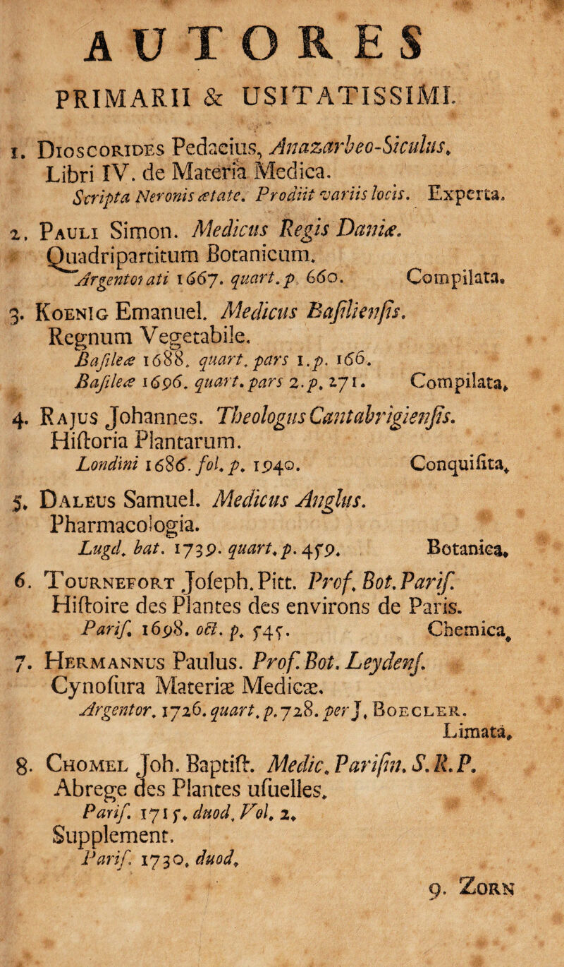 03 PRIMARII & USITATISSIMI. i. Dioscorides Pedacius, Anazarbeo-Siculus, Scripta Neronis atate. Prodiit variis locis. Experta. i. Pauli Simon. Medicus Regis Danine. Quadripartitum Botanicum. ^'Argentorati 1667. quart.p 660. Compilata. . Koenig Emanuel. Medicus BajUienfis. Regnum Vegetabile. Bafilea 1688, quart.pars i.p. 166. Bajilece 1696. quart.pars 2.p, 2.71. Compilata, 4. Rajus Johannes. Theologus Cantabrigienjis. Hi dor ia Plantarum. Londini i6B6.fol.p. 1940. Conquifita, 5. Daleus Samuel. Medicus Attglus. Pharmacologia. Lugd.bat. 173p. quart.p. 479. Botanica. 6. TouRNEEORT.jofeph.Pitt. Prof.Bot. Parif. Hiftoire des Plantes des environs de Paris. Parif, 1698. obi. p. $-47. Cbemica. 7. Hermannus Paulus. Prof.Bot. LeydenJ. Cynofiira Mate rite Medicae. Argentor. 1726. quart.p^zi.per}, Boecler. Limata, 8- Chomel Joh. Baptift. Medie. Parijin.S.R.P, Abrege des Plantes ufuelles. Parif. 171 f. duod. Vol, 2, Supplement, Parif. 1730, duod. 9. ZORN