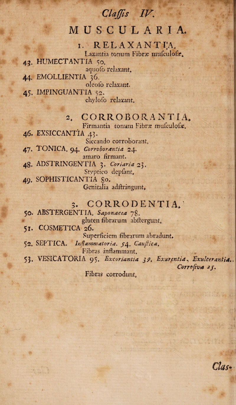 MUSCULARIA. i. RELAXANTIA. Laxantia tonum Fibrae miifculofe* 43. HUMECTANTIA 50. aquofo relaxant, 44. EMOLLIENTIA 36^ oleofo relaxant 45. IMPINGUANTIA 52. ehylofo relaxant, 2, CORROBORANTIA, Firmantia tonum Fibrx mufculofae. 46. EXSICCANTIA 43. Siccando corroborant, 47♦ TONICA, 94, Corroborantia 24. amaro firmant. 48. ADSTRINGENTIA 3. Coriaria 23. Styptico depfant, 49. SOFHISTICANTIA go. Genitalia adftringunt» 3, CORRODENTIA/ 50. ABSTERGENTIA. Saponacea 78. gluten fibrarum abftergunt* 51. COSMETICA 26. Superficiem fibrarum abradunt* 52. SEPTICA. Inflammatoria. /4. Cauflica, Fibras inflammant, 53* VESICATORIA 95. Excoriantia 3 9, Exurentia, Exuit er ani ia, Corrojiva aj. Fibras corrodunt,