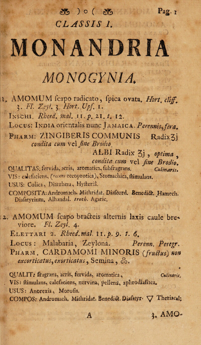 <S& ) O ( «36 CLASSIS 1, Pag. r MONANDRIA mqnqgynia:- L AMOMUM (capo radicato, fpica ovata, Hort, cliff 3. FL ZeyL 3 Afor*. Upfi[ i. Ikschi, Rheei. mal, w. p, zi. t, 1%. Locus: India orientalis nunc Jamaica. P eremis ^ fer a ^ Fharm: ZINGIBERIS COMMUNIS Radixgj condita cum vel Brodu). ALBI Radix gj , 0//^ ^ condita cum vel fine Brodio♦ QUALITAS: fervida, acris, aromatica, fuhfragrans. Culinaris. VIS i calefaciens, (retewf eccoprotica). Stomachica, ftimulaas. USUS: Colica, Diarrhoea, HyfteriL COMPOSITA: Andromacbu Mithridat Diafcord. £enedi&. Utamedi* Diafatyrium, Alhandah troch. Agaric» ' ■ ‘ i ' ' • • ■ ,V-- i..- . : i Vi ‘ , v.-._ * . V' ■ f ' v ’ - V z, AMOMUM fcapo bracteis alternis laxis caule bre* viore. FL ZeyL 4. ElrttarI 2. RheedMaL h.p.fy. t. 6. Locus : Malabaria, Zeylona. Perenn, Peregf. Pharm * CARDAMQMI MINORIS {fruelus) flott excorticatuSy exorticatus\ Semina 5 cPo» QIJALIT* fragrans, acris, fervida, aromatica. Culinarii■, , VIS i ftimulans, calefaciens, nervina, pellent, aphrodiafiaca. USUS: Anorexia, Morofis. COMPOS: Andromach, Mithridate Benedic. Diafttyr* Gj Theriacal; A i, AMO-