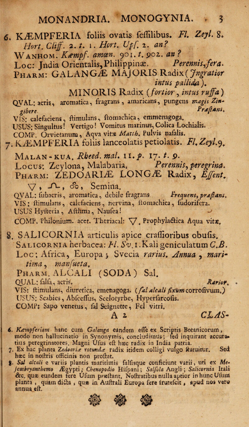 6. IGEMPFERIA foliis ovatis feffilibus. FI. Zeyl. 8, Hort. Ciiff. 2. t. 1. Hort. Uff. 2. an? Wanhom. Kampf. amxn. 902.. an ? Loc: Jndia Orientalis,Philippinae. Perennis,fera. Pharm: GALANG/E MAJORIS Radix(Jngratior intus pallida )„ MINORIS Radix { fortior, intus ruffa) QVAL: acrhi aromatica, fragrans, amaricans, pungens magh Zin* gibcrc. Prajlans, VIS: calefaciens, ftimulans, ftomachica, emmenagoga, USUS: Singultus! Vertigo! Vomitus marinus,Colica Lochiaiis* COMP. Qrvietanum, Aqva vitm Matth, Pulvis nafalis, I 7. K/EMPFERIA foliis lanceolatis petioktis. Fl<ZeyL<$¥ Malan*kua, Rbeed. maU n. fi. 17./. p. Locus: Zeylona* Malabaria,- Perennis^ peregrina* i Pharm: ZEDOARLE LONGAE, Radix, EJfent„ V> o°o, Semina* QVAL: fubacris, aromatica, debile fragrans Frequens, prafani* VIS: ftimulans, calefaciens, nervina, ftomachica, fudorifera. USUS Hyfteria, Afthzna, Naufea! CGMP. Philonium. acet, Theriacal; Prophyla&ica Aqua vitat, i 8, SALICORNIA articulis apice craffioribus obufis, Salicornia herbacea: ?/. Sv, I .Kali geniculatum C*B* Loc: Africa, Europa $ Svecia rarius. Annua , mari- tirna, manfueta, Pharm. ALCALI (SODA) Sal QUAL: falfa, acrb* Rarior * VlSt ftimulans, diuretica, emenagoga. (fat alcali fixum cortofivum,) USUS; Scabies, Abfceflus, Scelotyrbe, Hyperfarcofis* COMP; Sapo venetus, fal Seignette, Fel vitri. Ai CIAS- \ 6. Kampferiam hanc cum Galanga eandem e(Te ex Scriptis Botanicorum, modo non hallucinatio in Synonymis, concludimus; led inquirant accura* tius peregrinatores. Magni Ufus eft haic radix in India patria. 5 7. Ex hac planta Zedoaria rotunda radix itidem colligi vulgo ftatuitur. Sed haec in noftris officinis non proftat, 1 g. Sal alcali e variis plantis maritimis falfisque conficiunt varii, uti ex Me* Jmbrycinthmo /Egypti; Chenopodio Hifpani; Salfola AngH ; Salicornia Itali &c. quae eundem Fere Ufum prseftant» Noftratibus nulla aptior in hunc t/fum planta , quam di&a * qu« in Aufttali Europa Fere frutefeit, apud nos vero annua eft.