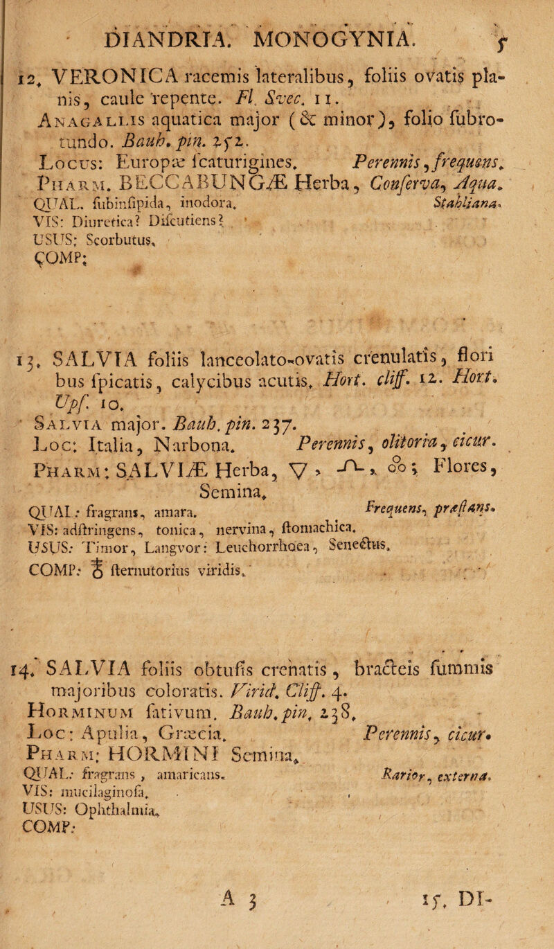 12, VERO NIC A racemis lateralibus, foliis ovatis pla¬ nis, caule repente. Fl. Sivec. n. Anagalus aquatica major (& minov)9 folio fubro- tundo. Bauh, pin. tfz. Locus: Europse fcaturigines. Perennis, frequens. Pharm. BECCABUNG^E Herba, Conferva^ ffqua. QIJAL. fubinfipida, inodora. St abii ana, VIS: Diuretica? Difcutiens? USUS: Scorbutus, ^QMP; 13» SALVIA foliis lanceolato-ovatis crenulatis, flori bus fpicatis, calycibus acutis, Hort. cliffi Hort■. Upf 1 o. Salvia major. Bauh, pin. 237. Loc: Italia, Narbona. Perennis, olitoria, cicur. Pharm: SALVIiE Herba, V > -O-» <&> Flores, Semina» QUAL: fragrans, amara. < Frequens, proflans» VIS: adftringens, tonica, nervina, ftomachica. USUS: Timor, Langvor: Leuchorrho.ea, Senefhis. COMP: <§ fternutorius viridis/ . • 14. SALVIA foliis obtufis crehatis, bracteis fummis majoribus coloratis. Virid. Cliff. 4. Horminum fativum. Bauh,pin, 238. Loc: Apulia, G nec ia. Perennis , cicur• Pharm; HORMINf Semina» QUAL: fragrans , amaricans. Rari&r, externa, VIS: mucilaginoia, USUS: Ophthalmia, COMP: