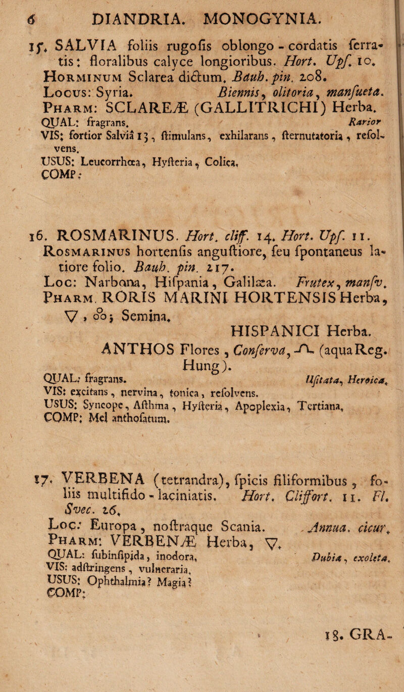 SALVIA foliis rugo fis oblongo - cordatis ferra¬ tis: floralibus calyce longioribus. Hort. Upf. io, Horminum Sclarea di&um, Bauh.pin, 208. Locus: Syria. Biennis, olitoria, manfueta. Pharm: SCLAREA (GALLITRICHI) Herba. QUAL: fragrans. Rarior VIS; fortior Salvia 13 , ftimulans, exhilarans, fternutatoria, refoU vens. USUS: Leucorrhcea, Hyfteria, Colica, COMP ; 16. ROSMARINUS, /fer/. dif 14. /fer/. n. Rosmarinus hortenfis anguftiore, feu fpontaneus la¬ tiore folio. Bauh, pin. 217. Loc: Narbona, Hifpania, Galilssa. Frutex, manfv. Pharm. RORIS MARINI HORTENSIS Herba, V > °°°> Semina, HISPANICI Herba. ANTHOS Flores , Conferva^dX (aquaReg. Hung). QUAL; fragrans. Ufitata, Hernica, VISt excitans, nervina, tonica, rcfolvens. USUS: Syncope, Aftlima , Hyfteria, Apoplexia, Tertiana, COMP; Mei anthofatum. 17. VERBENA (tetrandra), fpicis filiformibus , fo¬ liis multifido - laciniatis, Hort, Cliffort. 11. FI. Svec. 26. Loq; Europa , noflraque Scania. . Annua. cicm\ Pharm: VERBENA Herba, V, QUAL: fubinftpjda, inodora, Dubia, exoleta. VIS: adftringens, vulneraria, USUS; Ophthalmia? Magia? COMP; IS* GRA-*