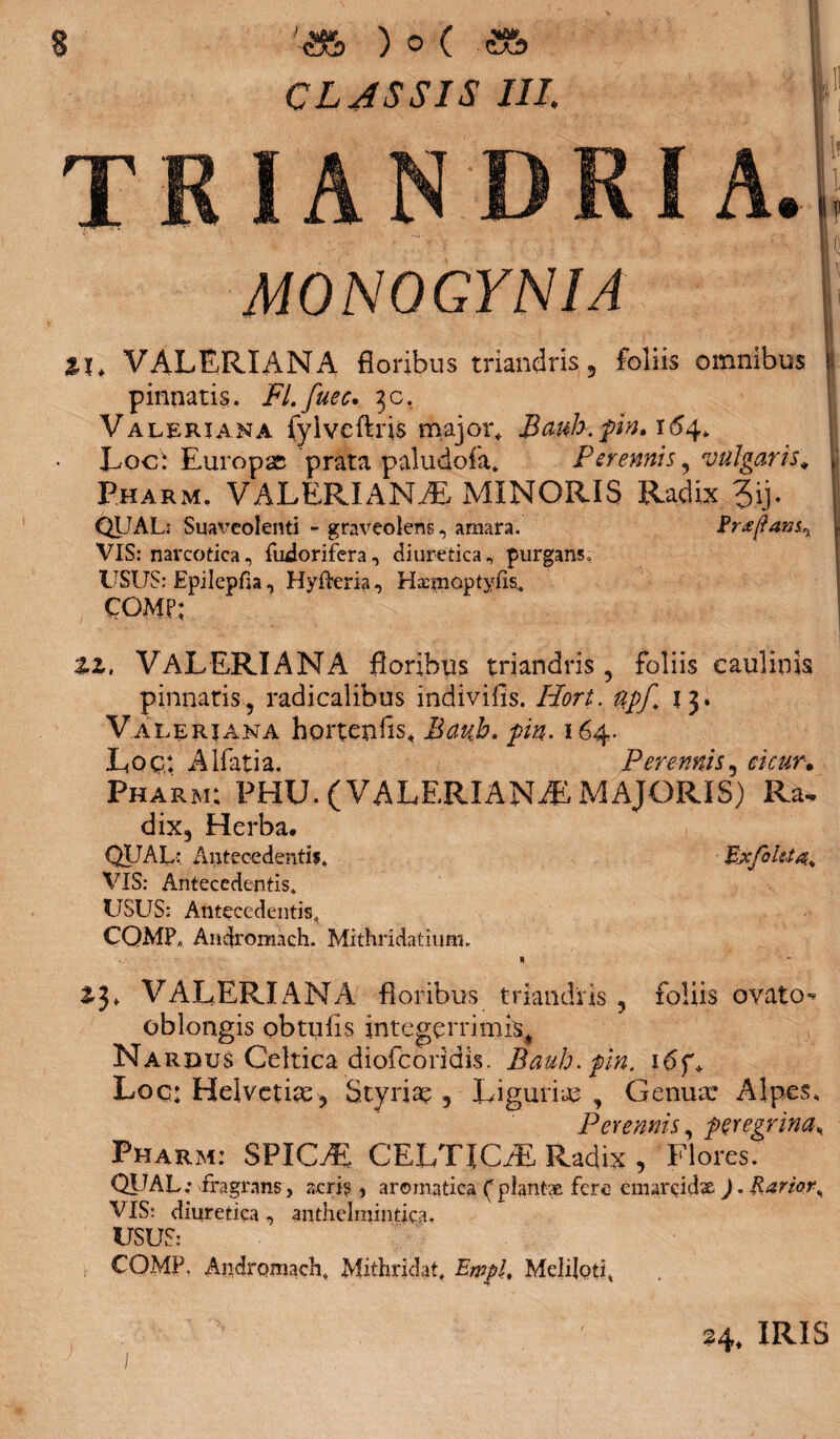 CLJSSIS III. MONQGYNIA Zl* VALERIANA floribus triandris 5 foliis omnibus | pinnatis. Fl.fuec. 30, Valeriana fylvcfhis major* Bateb.pin.\6<\> Loci Europae prata paludofa. Perennis , vulgaris* t Pharm. VALERIANAE MINORIS Radix 3ij- QUAL: Suaveolenti - graveolens, amara. VIS: narcotica, fiulorifera, diuretica, purgans, USUS: Epilepfia, Hyfteria, Hacmoptyfis, COMP; ! ; | ZZ. VALERIANA floribus triandris , foliis eaulinis pinnatis, radicalibus indivifis. Hort. qp/ 13. Valeriana hortenfo* Bauh. pin. 164. Loc: Alfatia. Perennis, Pharm: PHU. (VALERIANAE MAJORIS) Ra, dix. Herba. QUAL: Antecedentis, Ex filet VIS: Antecedentis. USUS: Antecedentis, CQMP* Andromach. Mithridatium. * VALERIANA floribus triandris , foliis ovato-* oblongis obtulis integerrimi^ Nardus Celtica diofeoridis. Bauh.pin. i£>f* Loc: Helvctix, Styria?, Liguria , Genux Alpes, Perennis, peregrina* Pharm: SPICAE CELTICAE Radix , Flores. QUAL; fragrans, acri? , aromatica ( plantae fere emarcidx ). Rarior; VIS: diuretica, anthelmintica. USUS: COMP. Andromach, Mithridat. Erppl, Meliloti* / 24, IRIS