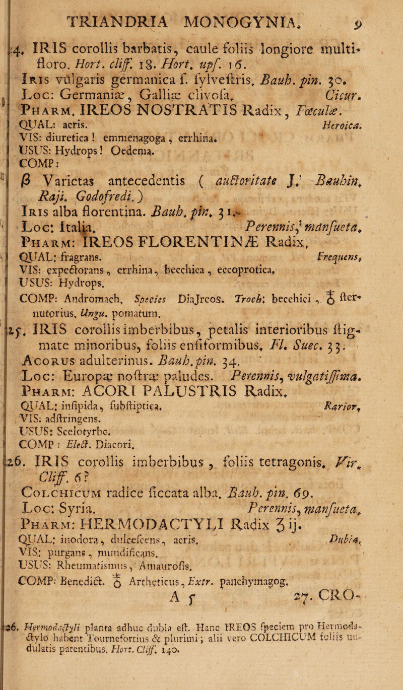 ».4* IRIS corollis barbatis, caule foliis longiore multi* floro. Hort. clijf. 18. Hort. upf. 1 <5. : Iris vulgaris germanica f. fylveftris, Bauh.pn. 30. J Loc: Germaniae, Gallia clivofa, Cicur. 1 Pharm, IREOS NOSTRATIS Radix, Facul*. ) QUAL: acris. Heroica, f VIS: diuretica ! emmenagoga, errhina. I USUS: Hydrops! Oedema. I COMP: ;l!j (2 Varietas antecedentis ( auFloritate JV Bmhin* Raji. Godofredi.) Iris alba florentina. Bauh* pn, 31^ •j Loc: Italia, Perennis]mdnfueta. Pharm: IREOS FLORENTIN/E Radix, J QUAL: fragrans. Frequens * VIS: expeclorans, errhina, becchica, eccoprotica, f USUS: Hydrops. \ COMP: Andromach. Species Diajreos. Troch\ becchici nutorius, Unpu. pomatura. IRIS corollis imberbibus, petalis interioribus flig- mate minoribus, foliisenflformibus* FI. Suec. 33. Acorus adulterinus. Bauh.pin. 34. Loc: Europa? n.oftnp paludes. Perennis, vulgatijjima, j Pharm: ACORI PALUSTRIS Radix* QUAL: infipida, fubftiptiea, Rarior, VIS: adftringens. f USUS: Scelotyrbe, y COMP : Eleii. Diacori, I26. IRIS corollis imberbibus , foliis tetragonis* Vir* \ CIif.6? Couchicum radice flccata alba. Bauh. pn. 69. Loc: Syria. Perennis, manfueta* Pharm: HERMODACTYLI Radix 3 ij. QUAL: inodora, dulcefcens, acris. Dubia, VIS: purgans, mundiheans. USUS: Rheumatismus,' Amaurofis. COMP: Benedici. q Artheticus, Extr. pauchymagog. | A f 27. CRG~ jj $6. H$rnwdaflyH planta adhuc dubia eft. Hanc IREOS fpeciein pro HcrmocHr &ylo habent Tournefortius & plurimi \ alii vero COLCHICUM foliis un¬ dulatis patentibus. Hort. Clijf. 140.