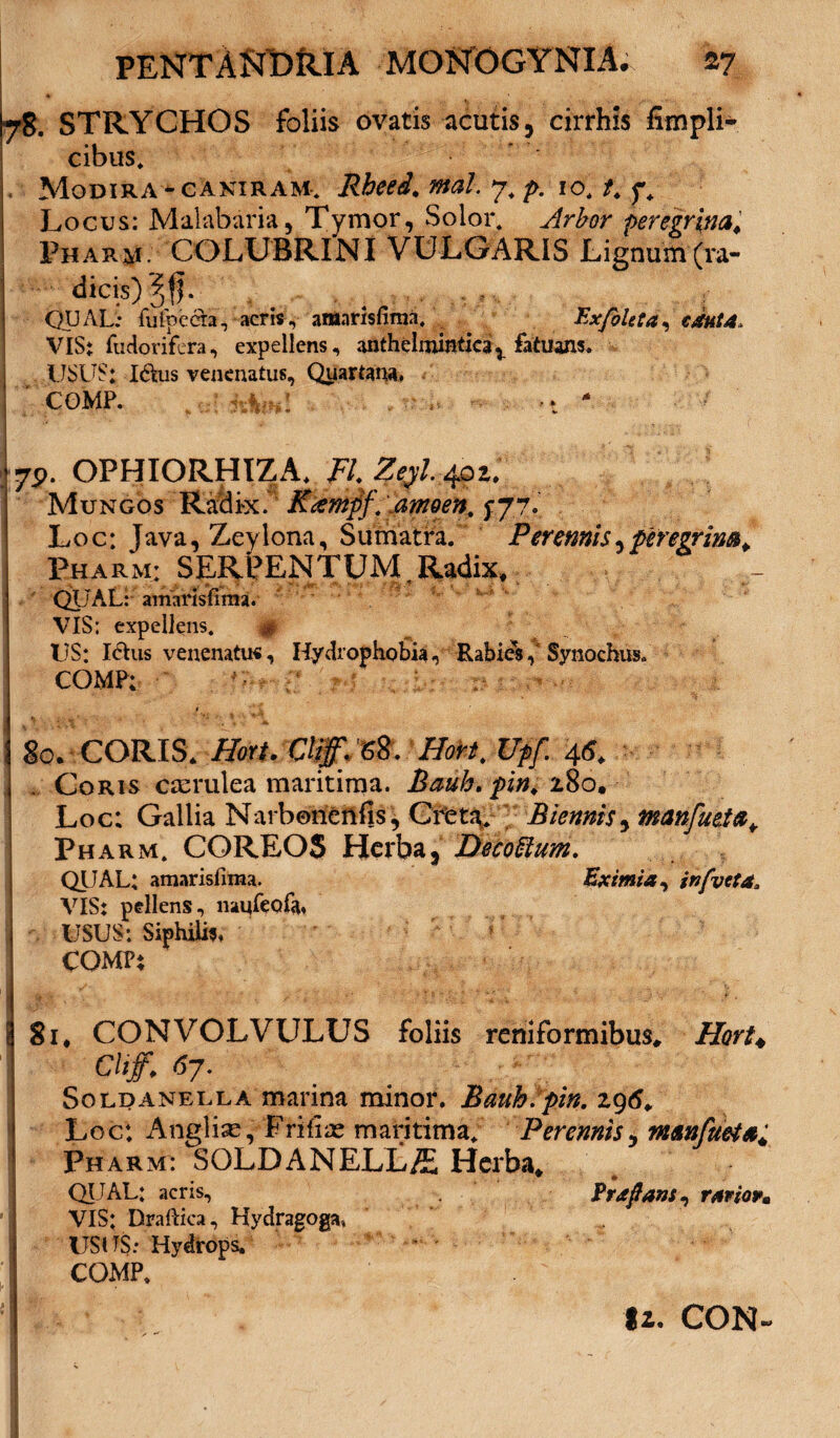 78. STRYCHOS foliis ovatis acutis, cirrhis fimpli- cibus. Modira * caniram. Rheed. mal. 7, />. 10. t. f. Locus; Malabaria, Tymor, Solor, Arbor peregrina* Pharm. COLUBRINI VULGARIS Lignum (ra¬ dicis) , - , QUAL: fufpecia, acris, antarisfima, ExfoUta, cauta, VIS: fudorifera, expellens, anthelmiatfear fatuam. USUS: I&us venenatus. Quartana, ' COMP. y&Ml . , ‘ V, - . •* - 7p. OPHIORHIZA. FI. Zeyl. 401. Mungos Radix. K&mpf’ amoen. Loc: Java, Zeylona, Sumatra. Perennis5peregrina* Pharm; SERPENTUM. Radix, QUAL: amarisfiraa. VIS: expellens. # US: Idus venenatus, Hydrophobia, Rabies, Synochus. COMP; ' , M . i f. i ! 80. CORIS, Hort. Clffi tS. Hort, Upf. 46* Coris caerulea maritima. Bauh. pin. 280, Loc; Gallia Narbonenfis, Creta. Biennis, manfmta* Pharm. COREOS Herba, DecoEtum. QUAL; amarisfiraa. Eximia, infvtta, VIS: pellens, nanfeofa» USUS: Siphilis, COMP: I I it V *- *■ - : - f - w-r ■ ■ 1 - ■’■= .... ' 1 I '■* ' r y ' 4. V • ^ • \ 81. CONVOLVULUS foliis reniformibus* Hort* Ckff. 67 • Soldanella marina minor. Bauh.pin. 296* Loc; Anglias, Frifix maritima. Perennis, manfueta; Pharm: SOLDANELL/E Herba* QIJAL: acris, Er a flans, ravior» VIS: Draftica, Hydragoga» USUS: Hydrops. COMP. n. con