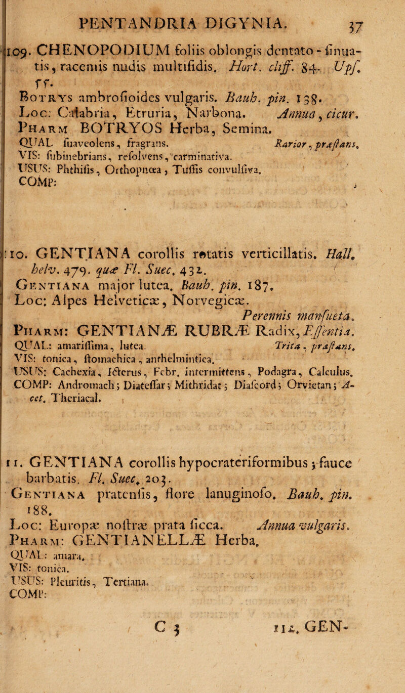 109. CHENOPODIUM foliis oblongis dentato - ii nua¬ tis* racemis nudis multifidis, Hort. cliff, 84- Upf* f f- Botrys ambrofioides vulgaris. Bauh. pin. 13g. Loc: Calabria, Etruria, Narbona. Annua, cicur, Pharm BOTRYOS Herba, Semina, QtTAL fuaveolens, fragrans. Rarior, prjftans, VIS: fubinebrians, refclvens, carminativa. USUS: Phthifis, Orthopnoea, Tuffis convulfiva. COMP: Jfio. GENTIANA corollis retatis vcrticillatis. Hali, helv. 479. qu<e FI, Suec, 431. 1 Gentiana major lutea. Bauh. pin, 187, | Loc; Alpes Helveticce, Norvegicse. Perennis manfueta. Pharm: GENTIANAE RUBRAE Radix, Effentia. f QUAL: amariilima, lutea. Trita , p rapam, VIS: tonica, ftoinnchica , anthelmintica, USUS: Cachexia, I&erus, Fcbr. intermittens, Podagra, Calculus. COMP: Androinach; Diatefiar, Mithridat 3 Diafcord; Orvietan; A~ cct, Theriacal. 11. GENTIANA corollis hypocrateriformibus $ fauce barbatis. FI, Suec. 203. Gentiana pratenfis, flore lanuginofo, Bauh, pin, 188. Loc: Europae noftrae prata ficca. Annua vulgaris, Pharm: GENTIANELLjE Herba, QUAL: amara, VIS: tonica. USUS: Pleuritis, Tertiana. COMP: \