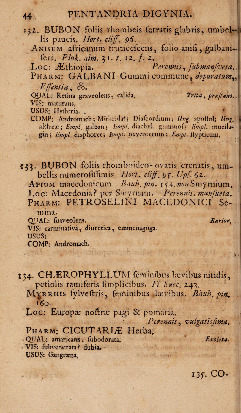 TT 131. BUBON foliis rhombeis ferratis glabris, umbcl- ; lis paucis. Hort. cliff. pv5 Anisum africanum fruricefcens, folio anifi, galbanis) fera. Pluk. alm. 3 1. t, 12, /. z. Loc: iEthiopia. Peremti, fubmanfveta..| Pharm: GALBANI Gurami commune, depuratumv^ Effentia, 00. Q*JAL; Refina graveolens, calida, Trita, pra/lant. x VIS; maturans. USUS; Hyfteria. . # *' COMP; Andromaeh; Mit^ridat; Diafc ordium; Ung. apoftof; Ung. | althxx; Empl. galban; Empl, diaehyl. gummoi *, Empl. muci Ia- «i gin, diaphoret , Empl. oxycroceum Empl.ilypticum. 133. BUBON foliis rhomboideo - ovatis crenatis, um- - bellis numerofi ffimis. Hort. cliff. Upf 61. Apium macedonicunv Bauh. pin. 1 s4. iwwSmyrnium* t Loc: Macedonia? per Smyrnam. Perennis, manfueta. Pharm: PETROSELINI MACEDONICI Se- j, mina. QUAL: fu aveo Iens. Rarior, VIS: car mi nativa, diuretica, emmenagoga. USUS: COMP; Andromaeh. ; 1 ■ I f . = 134. CHvEROPHYLLUM feminibus laevibus nitidis, | petiolis ramiferis fimplicibus. Fi Suec. 14-3. M^rrhis fylveftris, feminibus (Levibus. Bauh, pin. 160. Loc: Europae noftrcc pagi Sc pomaria. Perennis, vulgatis fima. 1 Pharm; CICUTARI® Herba. i QUAL: amaricans, fubodorata. Exoleta. .VIS: fubvenenata? dubbu USUS: Gangrxna, 13f. CO-