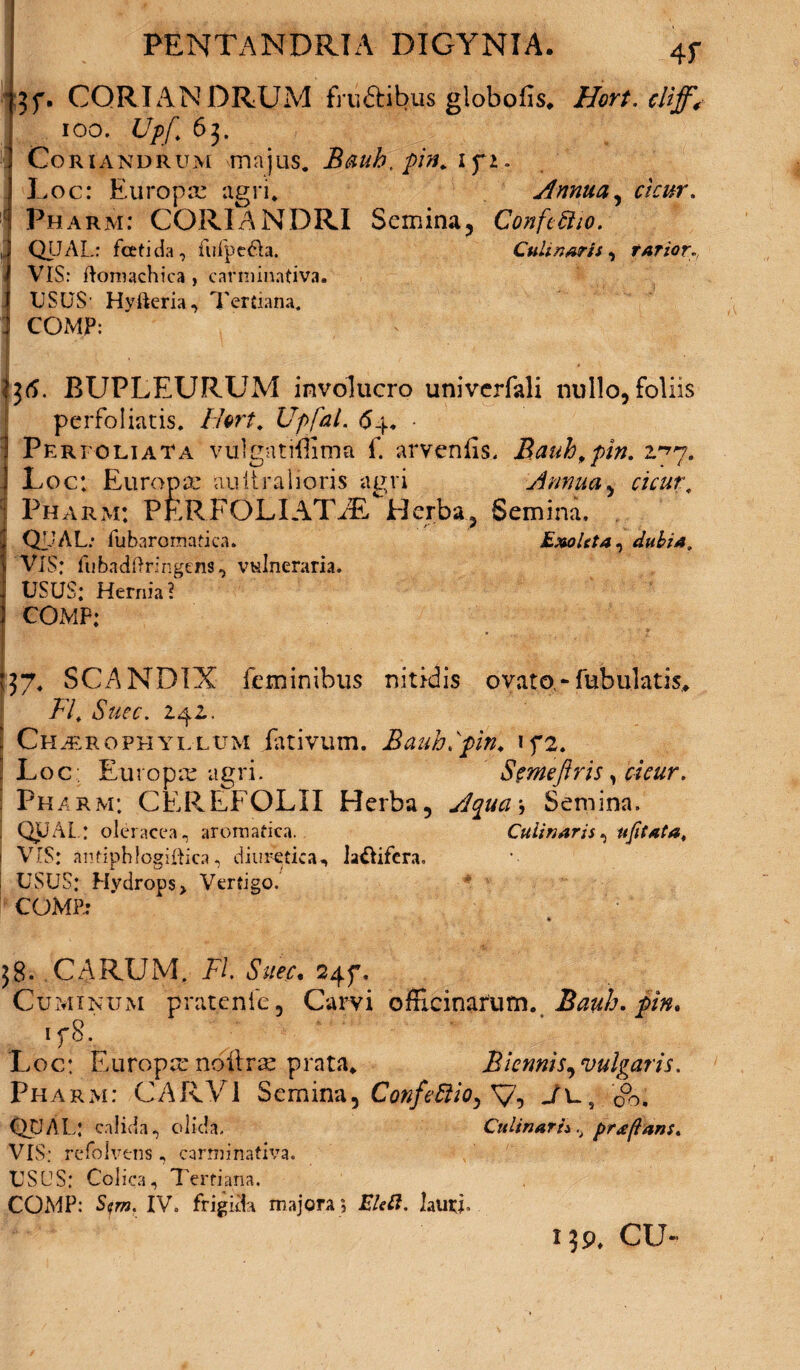 4f 3f. CORIANDRUM frti&ibus globofis. Hort. cFiff* ioo. Upf, 63. Coriandrum majus. Bauh.pin, ifi. Loc: Europa: agri. Annua, cicur. Pharm: CORIANDRI Semina, Confettio. QUAL; fcetida, fuipcfta. Culinarii, rarior i VIS: ftomachica , carminativa. USUS' Hyfteria, Tertiana, j COMP: A \ 7 . . r ?3<L BUPLEURUM involucro univerfali nullo, foliis perfoliatis. Ihrt, Upfal. 64, • 1 Perpoli at a vulgntiffima i. arvenfis. Bauh, pin, 2^7. j Loc: Europa: aultralioris agri Annua, cicur, :| Pharm: FERFOLLATiE^Pkrba, Semina. QvAL.’ fubaromarica. JExolcta. dubia. VIS: fiibadftringens, vulneraria. USOS: Hernia? COMP; ‘37. SCANDIX feminibus nitidis ovato.-fabulatis,. FI, Suec. 242. Ch.£rophyllum Jativum. BauhSpin. if2. Loc Europae agri. Semeftris, cicur. Pharm: CE.REFOLII Herba, Aqua-, Semina. QUAL: oleracea, aromatica. Culinarii, ufitata, 1 VIS: antiphlogiftica, diuretica, laftifera. i USUS: Hvdrops> Vertigo. COMP: 38- CARUM. FI. Suec• 247. Cuminum pratenfe, Carvi officinarum. Bauh. §in, if8. Loc: Europa: noftrse prata. Biennis,vulgaris. Pharm: CAR Vi Semina, ConfeSUo, V, jl5 0°o. QUAL: calida, olida, Culinarii, proflans. VIS: rcfolvtns, carminativa. USUS: Colica, Tertiana. COMP: Sqm. IV. frigiita majora 5 Elett. laurf 139* cu~