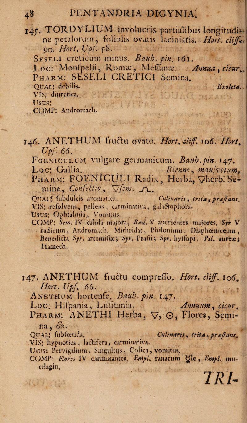 14J. TORDYLIUM involucris partialibus longitudini ne petalorum, foliolis ovatis Liciniatis, Hort. cUffnX <jo. Hort. Upf■ f8. Seseli creticum minus. Bauh.pin, 161. Loc: Monipelii , Roma;, Me {Fame. Annua, cicur Pharm: SESELI CRETICI Semina, Qual: debilis. Exoleta. VIS; diuretica. Usus: COMP; Andromacli. 146. ANETHUM fruftu ovato. Hortfiif 105. Hort. \ Upf 66. Foeniculum vulgare germaniciim. Bauh.pin, 147. Loc; Gallia, Bienne, manfvetum. Pharm; FOENICULT Radix, Herba, yherb. Se¬ mina, Confectio, \/fem. j\. QUAL? fiibdulcis aromatica. Culinarii, trita, pr a flans. VIS: «refolvens., pellens, carminativa, gala&ophora. Usus: Ophtalml.T, Vomitus. COMP; Ser/;. IV calida majora, Rad.X aperientes majores. Syr.V radicum, Androniach. Mithridat, Philoniuin, Diaphcenicciini, Benedicta Syr. artemiftsc; Syr. Praiti; Syr. hyflapj. Pii. aureae; Hatnech. 147. ANETHUM fructu compreflb, Hort. cliff. i06. Hort. Upf. 66. Anethum hortenfe, Bauh.pin. 147. Loc; Hifpania, Lufitania. Annuum, cicur. Pharm; ANETHI Herba, y, ©, Flores, Semi¬ na, 00, Qual; fubfoetida.' Culinarii, trita, praflans. VIS; hypnotica, la&ifera, carminativa. UsuSi Pervigilium, Singultus, Colica, vomitus. COMP: Plores IVT carmiiianses. Etripl. ranarum &le, Empl. mu- cilajiu, TRI-