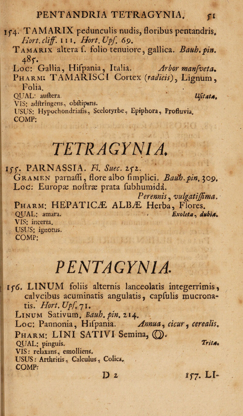 1^4. TAMARIX pedunculis nudis, floribus pentandris* Hort.cliff. in, Hort. Upf. 69. Tamarix altera f. folio tenuiore, gallica. Baub.jpin* Loc: Gallia, Hifpania, Italia. Arbor manfveta. Pharm: TAMARISCI Cortex (radicis), Lignum, Folia. • . QUAL: auftera. ' Ufitata, VIS: adftringens, obftipans. USUS: Hypochondriacis, Scelotyrbe, Epiphora, Profluvia. COMP; TETRAGYN1A. k ipf. PARNASSIA. Fi. Suec< Gramen parnaffi, flore albo fimplici. Badh.pin,^op, Loc; Europa noftrae prata fubhumida. Perennis, vulgatijjima. • Pharm: HEPATICA ALB.E Herba, Flores. QUAL: amara. * Exoleta, dubia* VIS: incerta. USUS; ignotus. COMP: PENTAGYN1A. f Ip6. LINUM foliis alternis lanceolatis integerrimis, calycibus acuminatis angulatis, capfulis mucrona¬ tis. Hort.Ujpf 71* Linum Sativum. Bauh.pin.n4. Loc: Pannonia, Hifpania. Annua% cicur 9 cerealis* Pharm: LINI SATIVI Semina, ©. QUAL: pinguis. Trita* VIS: relaxans, emolliens. USUS: Arthritis, Calculus, Colica. COMP: . D ^ if7. LI-