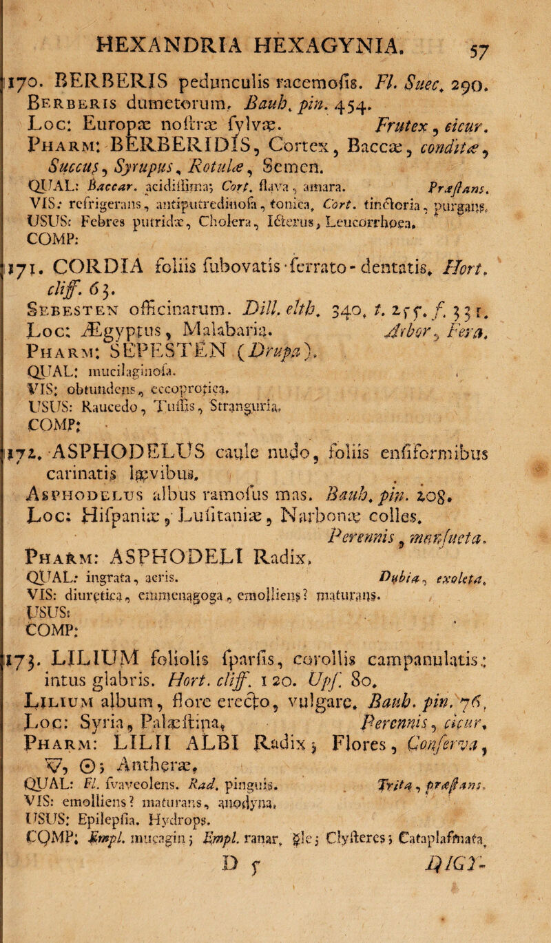 170. HERBERIS pedunculis racemcfis. FI. Suec. 290, Berberis dumetorum, Bauh.pin. 454. Loc: Europae noftrae fvlvse. Frutex , ei cur. Pharm: BERBERIdIs, Cortex , Baccae, condita 9 Succu^ Syrupus, Rotula, Semen. QUAL: Baccar, acidiflirna*, G?r/. flava, amara. Praftans. VIS; refrigerans, antiputredinofa, toniea, tin&oria, purgans, USUS: Febres putridx, Cholera, I£terus, Leucorrhoea, COMP: 171. CORDIA foliis fubovatis‘ferrato-dentatis* cliff. 6 3. Seeesten officinarum. Dill.elth, 340,2,f y* /, 3 3 r# Loc; Aegyptus, Makbaria. /libor y Fera. Pharm: SEPESTEN (Drupa), QUAL: mucilaginola. VIS: obtundens, cccoprotica» USUS: Raucedo, Tuitis, Stranguria, COMP; j7i* ASPHODELUS caule nudo, foliis enfiformibtxs carinatis levibus, 1 Asphodelus albus ramofus mas. Bauh, pin. zo$» Loc: Hifpanix 9‘Lulitaniic 9 Narbona? colles» Perennis, mnnfueta. Pharm: ASPHODELI Radix, QUAL; ingrata, acris. Dybia^ exoleta. VIS: diuretica, emmenagogaemolliens? maturans. USUS: comp: 173. LILIUM foliolis fparfis, corollis campanulatis.; intus glabris, ftW. cliff. 1 20. Upf. 80, Lilium album, flore erecto, vulgare* Baub. pin. y6, Loc: Syria, Pabcftina* Perennis, cicur* Pharm: LILII ALBI Rad ix 3 Flo res, Conferva, V7, 0j Anthene, QUAL: FI. fvavcolens. Rad. pinguis. Trita, prxftans. VIS: emolliens? maturans, anodyna* USUS: Epilepfia. Hvdrops, CQMP; Mtnpl mucagm; Empl. ranar, gle; Clyftercs> Cataplaffliafa. D f I)IGT-