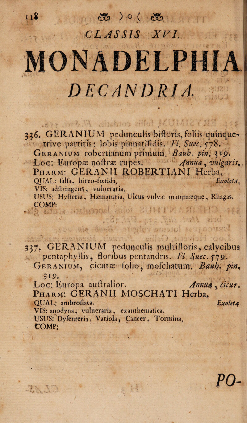 u8 <36 ) o ( CLASSIS XVI. DEC ANDRIA. 336* G ER ANIUM pedunculis bifloris, foliis quinque-* r trive partitis: lobis prnnatifidis. FI. Suec. 778. Geranium robertianum primum, Bauh. pin¥ 319. Loc; Europx noftras rupes. Annua, vulgaris. | Pharm: GERANII RQBERTIANI Herba. QUAL: falfa, hirco-foetieb. Exoleta. '1 VIS; adfb ingens, vulneraria. USUS: Hyfteria, Hxmaturia, Ulcus vulvx mammxque, Rhagas. COMP: 337* GERANIUM pedunculis multifloris, calycibus pentaphyllis, floribus pentandns. FI. §uec. 579. Geranium, cicutx folio, mofchatum. Bauh. pin, 319, Loc: Europa auftralior. Annua , cicur. Pharm: GERANII MOSCHATI Herba, QUAL: ambrofiaca. Exoleta. VIS: anodyna, vulneraria, exanthematica. USUS: Dyfenteria, Variola, Cancer, Tormina* COMP: PO-