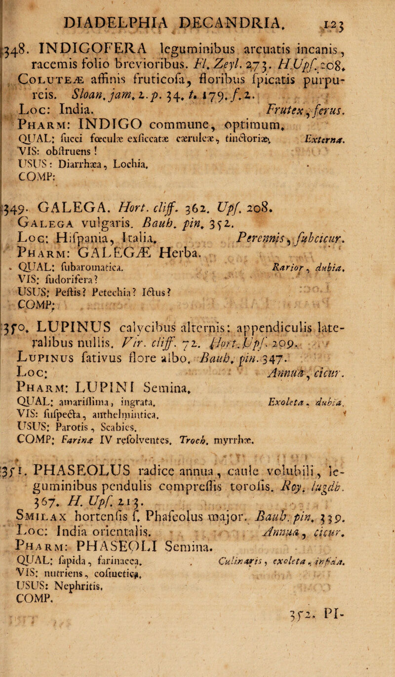 1348. INDXGOFERA leguminibus arcuatis incanis, racemis folio brevioribus. Fl.Zeyl. 273. H.Upf .208* Colutej: affinis fruticofa, floribus fpicatis purpu¬ reis. Sloan.jam.i.p. 34, U 179./,2. Loc: India. Frutex, ferus. Pharm: INDIGO commune, optimum* QUAL: fucci fceculx exliccatx caeruleae, tinclorix», Externa. VIS: obftruens! USUS : Diarrhaea, Lochia, ! COMP: * 1 1349. GALEGA. Hort. clijf362, Upf’ 208. Galega vulgaris. Bauh. pin. 3^2. Loc: Hifpania, Italia, Perennis\fuhcicur. Pharm: GALEGtE Herba. . QUAL: fubaromatica. Rarior , dubia, VIS; fudorifera? USUS: Pellis? Petechia? I$us? ' COMP; . : 0 3fo. LUPINUS calycibus alternis: appendiculis late¬ ralibus nullis. Vir. clijf. 72. fdort. Upf 209. Lupinus fativus flore albo, Bauh. pin. 347. Loc; Annua, cicur. Pharm: LUPINI Semina, QUAL: atnariflima, ingrata. Exoleta, dubia, VIS: fufpe&a, anthelmintica. * USUS: Parotis, Scabies. COMP: Earina IV refolventes, Troch, myrrhx, •3/i. PHASEOLUS radice annua, caule volubili, le¬ guminibus pendulis compreflis torofls. /4?^. 367, //. Upf. 213. Smilax hortenfls f, Phafeolus major. Bauh. pin. 339. Loc: India orientalis. Annua, Pharm: PHASEOLI Semina. QUAL: lapida, farinacea. . Culinarii, exoleta, infida. VIS: nutriens, coliuetic#, USUS: Nephritis, COMP. 3f2. PI-