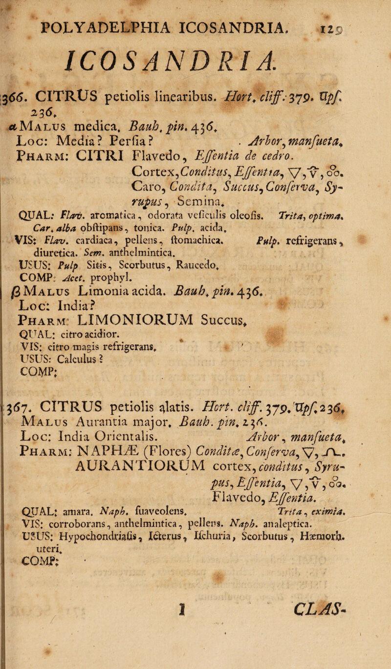 POLYADELPHIA ICOSANDRIA. ICO SAND R l A. 366. CITRUS petiolis linearibus. Hort.clijf:379. 0'pf 236, aMalus medica, Bauh, pin* 436, Loc: Media? Perlia? . Arbor^manfueta* Pharm: CITRI Flavedo, EJfentia de cedro. Cortex,Condittis, EJfentia,, 00. Caro, Condita, Succus, Conferva, rupus, Semina* QUAL: flaris. aromatica, odorata veficulis oleoiis. Trita, optima* Car> alba obftipans, tonica. Pulp, acida, VIS* F/w. cardiaca, pellens, ftomachica. refrigerans** diuretica. anthelmintica. USUS: Pulp Sitis, Scorbutus, Raucedo, COMP prophyl. | $ Malus Limonia acida. Bauh.pin. 436. Loc: India? Pharm LIMONIORUM Succus* QUAL: citro acidior. VIS: citro magis refrigerans, USUS: Calculus * CO^P; 3^7, CITRUS petiolis flatis. Hort. cliff.ypstJUpf2^ Malus Aurantia major, Bauh. pin.z$6. Loc: India Orientalis. Arbor, manfueta* | Pharm: NAPHiE, (Flores) Condit ce y Conferva, V5 -A-* AURANTIORUM cortex, conditus, /w, EJfentia, V,*v, oq. I' lavedo, EJfentia. QUAL: amara. Naph. fuaveolens, TWta, eximia. VIS: corroborans, anthelmintica, pellens. Naph. analeptica. USUS: Hypocbondriafis*, Icterus, Iichuria, Scorbutus, Haemorru uteri, CQMP; I