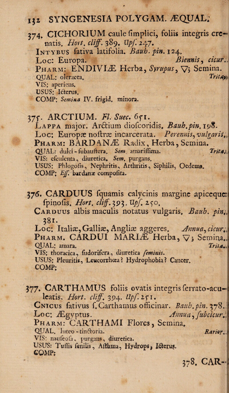 574* CICHORIUM caule (Implici, foliis integris ere- natis, Hort, cliff. 389. Upf.i^rj, Intybus fativa latifolia. Bauh. pin. 124, Loc: Europa. Biennis, cicur. I Pharm: ENDIVIiE Herba, Syrupus, V> Semina. QUAL: oleracea, Tritap VIS: aperiens, 13SUS: I&erus, COMP: Semina IV. frigid, minora. 37f. ARCTIUM. FI. Suec, 6? 1. . Lappa major. Ar&ium diofeoridis. Bauh,pin. 198. Loc: Europae noilns inearcerata. Perennis^ vulgaris^ Pharm: BARDAISLR Radix, Herba, Semina. QUAL: dulci-fubauftera, Sem. amariilima. Trita; \ VIS: efculenta, diuretica. Sem. purgans, USUS: Phlogofis, Nephritis., Arthritis, Siphilis, Oedema. COMP; EJf. bardanx eompofita. 376. CARDUUS fquamis calycinis margine apicequc i fpinofis* Hort. clijf.7,9^, Upf, z^o. Carduus albis maculis notatus vulgaris* Bauh. pin ?8i. Loc: Italias, Galliae, Anglite aggeres. Annua^ cicur . Pharm. CARDUI MARLE Herba, \7s Semina. QUAL: amara. Trita,, VIS; thoracica, fudorifera, diuretica feminis. USUS; Pleuritis, Leucorrhcea? Hydrophobia? Cancer, COMP; . >- ^ . * 377. CARTHAMUS foliis ovatis integris ferrato-acu- leatis, Hort. cliff’, 394. Upf.iy 1. Cnicus fativus f.Carthamus officinar. Bauh.pin. 378.1 Loc; iEgyptus. Annua ^ [ub cicur A Pharm: CARTHAMI Flores, Semina. |:| QUAL. luteo - tin6loria. Rarior, [j VIS: mufeoia, purgans, diuretica. USUS: Ttiffis fenilis, Afthma, Hydrops, I6teru$. COMP; 378, CAR- !