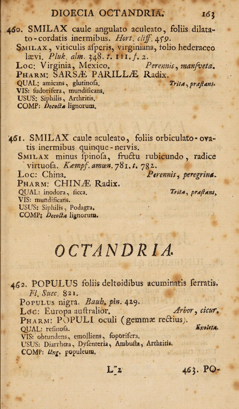 DIOECIA OCTANDRIA; idj 4do. SMILAX caule angulato aculeato, foliis dilata¬ to-cordatis inermibus. Hort> cliffr 4fp. Smilax, viticulis afperis, virginiana, folio hederaceo ltevi. Pluk. alm. 348./. m*/*2. Loc: Virginia, Mexico* Perennis^manfveta* Pharm: SARSiE PARILLAEL Radix. QUAL: amicans, giutinofa. Trita prafans» VIS: fudorifera, mundificaiis* USUS: Siphilis, Arthritis» COMP; Dccotta lignorum* 451. SMILAX caule aculeato, foliis orbiculato-ova¬ tis inermibus quinque - nervis. Smilax minus fpinofa, fructu rubicundo, radice virtuofa. Keempf. amoen. 781. t* 782.. Loc: China. Perennis i peregrina» Pharm: CHlNiE Radix. QUAL: inodora, ficca. Trita, prafiam^ VIS: mundificans, USUS; Siphilis, Podagra* ' COMP; Deeofta lignorum. OCTANDRIA. 462. POPULUS foliis deltoidibus acuminatis ferratis, FI. Suet. 821. Populus nigra. Bauh* 419. Loc: Europa auftralior* Arbor ^ cicur9 Pharm: POPULI oculi (gemmas re&iusj. QUAL: refmofa. SxoUtfo VIS: obtundens, emolliens, fopOrifera» USUS: Diarrhoea, Dyfenteria, Ambufta, Arthritis» COMP; Vtng% populeum» L> 4* 3. PQ-