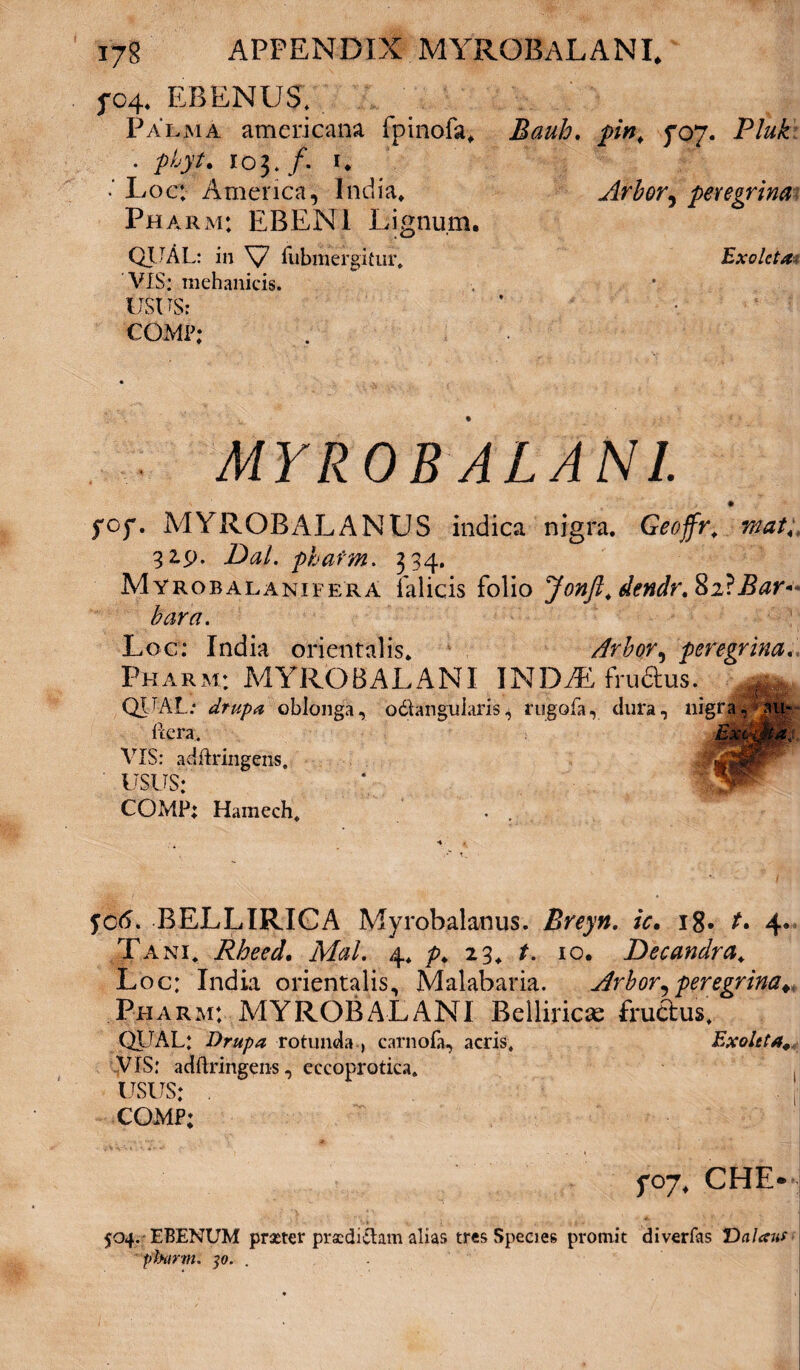 17S APPENDIX MYROBALANI. fC4* ebenus; Palma americana fpinofa. Bauh. pin> 707. Pluk . phyt. 103./. 1. Loc; America, India» Arbor, peregrina Ph arm: EBENI Lignum. QUAL: in Submergitur. Exoleta* VIS: inehanicis. USI IS: comi*: MYRO B AL ANI. fcf. MYROBALANUS indica nigra. Geoffr, mat< 32.9. ZW. pharm. 334. MyrobalaniferA Palicis folio Jonft. dendr.Ri?Bar*> hara. Loc: India orientalis* Arbor, peregrina. Pharm; MYROBALANI INDAE frudlus. QIJAL: oblonga, odtanguiaris, riigofa, dura, nigra, au* VIS: adftringens. ' USUS: COMP; Harnech. fc6. BELLIRICA Myrobalanus. Breyn. ic. 18* t* 4. Tani. Rheed. AZZ 4. 23. f. 10. Decandra. Loc; India orientalis, Malabaria. Arbor, peregrina* Pharm: MYROBALANI Belliricae fruftus. QUAL: Drupa rotunda , carnofa, acris. Exoleta* VIS: adftringens, eccoprotica. usus: . COMP; 5*07. CHE— 504. EBENUM praeter praedictam alias tres Species promit diverfas Datans pharm. 30. .