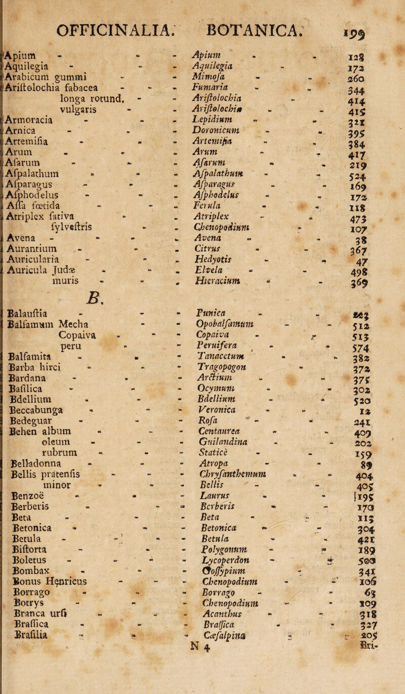 'Apium - - Apium Aquilegia «p Aquilegia Arabicum gumini m Mimofa Ariitolochia fabacea te Fumaria longa rotund. - - Arifiolochia vulgaris - Arijiolochift Armoracia - Lepidium Arnica * Doronicum Artemifia » Artemifia Arum Arum Aiarum «a Afarum Afpalathum m Afpalathum Afparagus m Afparagus lAfphodelus m Afphodelus AiTa fbetida n Ferula Atriplex fativa Atriplex fylveftris - Chenopodinm Avena - - te Avena Aurantium te Citrus Auricularia » Hedyotis Auricula Jud® «» Elvela muris 0 Hier aciam B. Balauftia * Punica Balfamum Mecha te Opobalfimnm Copaiva - Copaiva peru - Peruifera Balfamita - « - Tanacetum Barba hirci - Tragopogon Bardana - Archium Bafilica - Ocymum Bdellium te Bdellium Beccabunga - Veronica Bedeguar - Rofa Behen album - Centaurea oleum te Gnilandina rubrum - Statice Belkdonna te Atropa Bellis pratenfis te Chryfanthemnm minor - Bellis Benzoe - Laurus Berberis Berberis *■ Beta - Beta Betonica - Betonica Betula - - Betula Biftorta - Polygonum Boletus - - - Lycoperdon CroJJypium Bombax ea Bonus H^nricus - Chenopodinm Borrago - Borrago Botrys - Chenopodinm Branca urft Acanthus Braffica te Braffica BrafUia - te Ccefalpim * N 4 128 173 st60 344 414 415 3« 395 384 417 219 534 169 17® 1x8 473 107 3S 367 47 498 1*9 «fi 8 512 513 S74 382 37® 37? 302 520 12 241 409 203 159 8$ 404 405 U95 17CS 11; 304 421 189 5©<3 10 6 63 109 518 327 Bri-