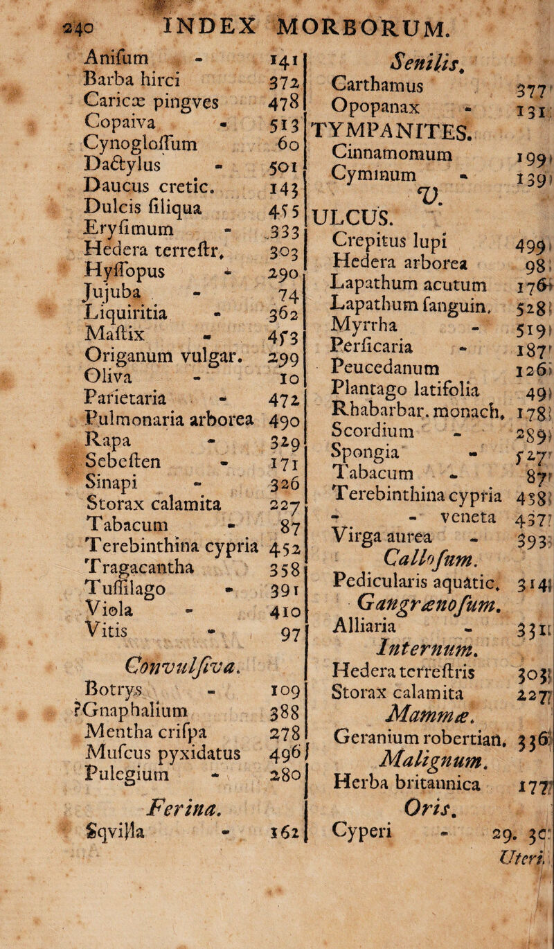 Anifum - 141 Barba hirci 372 Caricx pingves 478 Copaiva - 513 CynogloiTum 60 Da&ylus - 501 Daucus cretic. 143 Dulcis filiqua 4^5 Eryfimum - 333 Hedera terreftr* 303 HyfTopus ^ 290 Jujuba - 74 Liquiritia * 362 Maftix. - 4f3 Origanum vulgar. 2,99 Oliva - 10 Parietaria - 472 Pulmonaria arborea 490 Rapa 329 Sebeften 171 Sinapi 326 Storax calamita 227 Tabacum 87 Terebinthina cypria 452 T ragacantha 358 Tuffilago 39> Viola 410 Vitis *. 97 Convulfiva. Botrys 109 FGnaphalium 388 Mentha crifpa 278 Mufcus pyxidatus 496 Pulegium 280 Ferina. Sqvi^la 162 377 131 199 139 499 98; 17&» 528 519 i87p 126 49J Senilis\ Carthamus Opopanax TYMPANITES. Cinnamomum Cyminum V. ULCUS. Crepitus lupi Hedera arborea Lapathum acutum Lapathum fanguin, Myrrha Perficaria Peucedanum Plantago latifolia Rhabarbar.monach* 178 Scordium - 239 Spongia «• Tabacum - gy Terebinthina cypria 453 “ - veneta 437 Virga aurea - 393 Callofum. Pedicularis aqu&tic* 314 Gangrgnofum. Alliaria Liternum. Hedera terreftris Storax calamita Mammae. Geranium robertian. 3 3 f Malignum. Herba britaunica 17' Oris. Cyperi » 29. 3< Uteri 33* 303 127