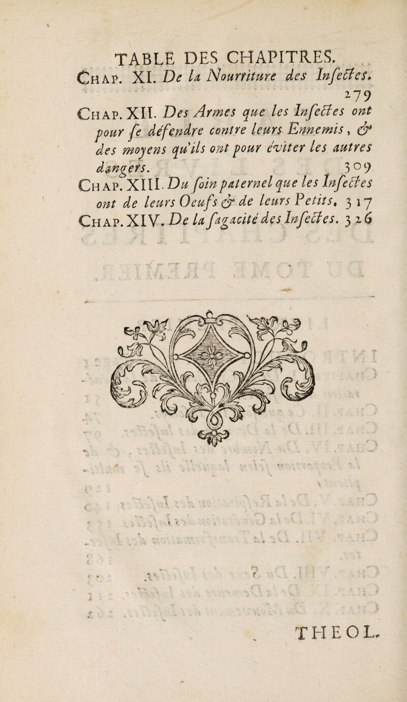 TABLE DES CHAPITRES. Ch A?. XL De la Nourriture des înfeéte 279 Chap. XII. Des Armes que les Infectes ont pour fe défendre contre leurs Ennemis , & des moyens quils ont pour éviter les autres dangers. _ 3°9 Chap! XIII- Du foin paternel que les Infeéfes ont de leurs Oeufs & de leurs Petits, 3 17 Chap. XIV. De la fagacité des In fe Et es. 3 z6 V i1' ) T H EOL