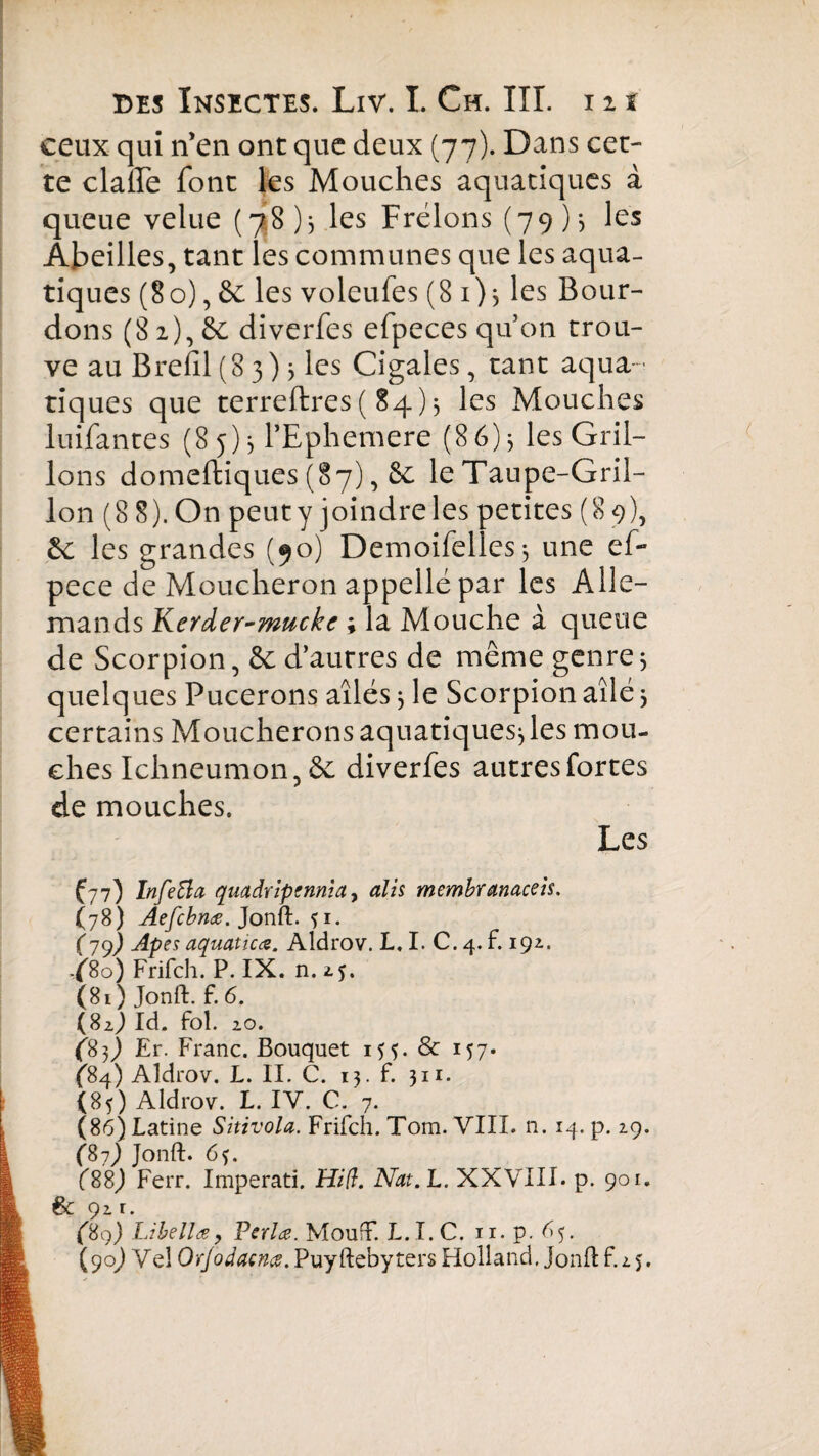 ceux qui n’en ont que deux (77). Dans cet¬ te dalle font les Mouches aquatiques à queue velue (78 )* les Frelons (79)*, les Abeilles, tant les communes que les aqua¬ tiques (80), & les voleufes (8 1)3 les Bour¬ dons (8 2), 6c diverfes efpeces qu’on trou¬ ve au B refil (8 3) 3 les Cigales, tant aqua¬ tiques que terreftres ( 84) 3 les Mouches luifantes (8 5) 3 l’Ephemere (86)3 les Gril¬ lons domeftiques (87), 8c le Taupe-Gril¬ lon (8 8). On peut y joindre les petites (89), 6c les grandes (90) Demoifelles} une ef- pece de Moucheron appelle par les Alle¬ mands Kerder-muckc ; la Mouche à queue de Scorpion, 8c d’autres de même genre 3 quelques Pucerons ailés 3 le Scorpion ailé 3 certains Moucherons aquatiques3 les mou¬ ches Ichneumon, 6c diverfes autres fortes de mouches. Les £77) Infefta quadripennia, ali s membranaceis. (78) Aefcbnœ. Jonft. fi. (79) Apes aquatica. Aldrov. L, I. C. 4. f. 192. -£80) Frifch. P. IX. n. 2.5. (81) Jonft. f. 6. (82) Id. fol. 20. £83) Er. Franc. Bouquet 155. & 157. £84) Aldrov. L. II. C. 13. f. 311. (85) Aldrov. L. IV. C. 7. (86) Latine Sitivola. Frifch. Tom. VIII. n. 14. p. 29. (87) Jonft. 65. (88J Ferr. Imperati. Hiß. Nat.L. XXVIII. p. 901. & 92. r. £89) Libellay Perlœ. MoufF. L.I.C. n. p. 65.