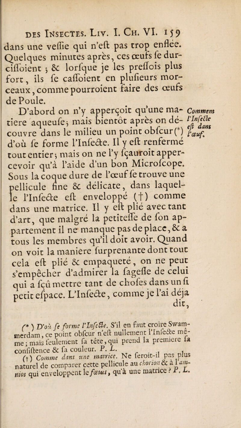 dans une veflîe qui n’eft pas trop enflée* Quelques minutes après, ces œufs fe dur- cifloient j 6c lorfque je les preflois plus fort, ils fe caffoient en plufieurs mor¬ ceaux, comme pourroient faire des œufs de Poule. D’abord on n’y apperçoit qu’une ma- Comment tiere aqueufe* mais bientôt après on dé- couvre dans le milieu un point obfcur(*) i>œu^ d’où fe forme l’Infede. Il y eft renfermé tout entier-, mais on ne l’y fçauroit apper- cevoir qu’à l’aide d’un bon Microfcope. Sous la coque dure de l’œuf fe trouve une pellicule fine 6c délicate, dans laquel¬ le l’Infe&e eft enveloppé (+) comme dans une matrice. Il y eft plié avec tant d’art, que malgré la petitefle de fon ap¬ partement il ne manque pas de place, 6c a tous les membres qu’il doit avoir. Quand on voit la maniéré furprenante dont tout cela eft plié 6c empaqueté, on ne peut s’empêcher d’admirer la fagefle de celui qui a feu mettre tant de chofes dans un fi petit efpace. L’Infede, comme je l’ai déjà /* ) D'où fe forme l'InfeÜe. S’il en faut croire Swam- snerdam ce point obfcur n’eft nullement l'Infe&e me¬ me ; mais feulement fa tête,qui prend la première la confidence 3c fa couleur. P. L. . .. i ft) Comme dans une matrice. Ne feroit-il pas plus naturel de comparer cette pellicule au ckoriondckUm- nios qui enveloppent te fœtus, qu’à une matrice. i . P.