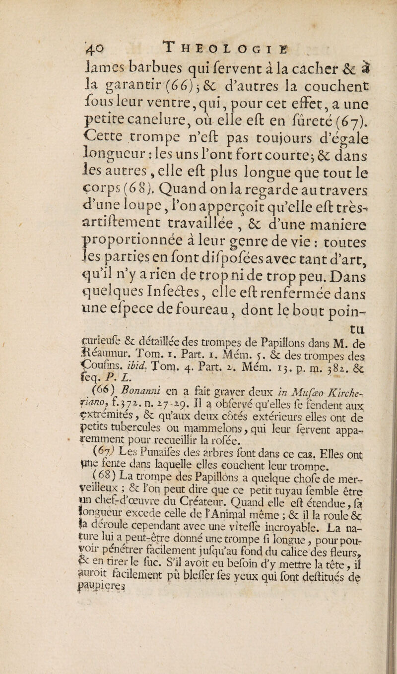 James barbues qui fervent à la cacher & à la garantir (66) $ & d’autres la couchent fous leur ventre,qui, pour cet effet, a une petitecanelure, où elle effc en fureté (67). Cette trompe n’eft pas toujours d’égale longueur : les uns l’ont fort courtedans les autres, elle eft plus longue que tout le corps (68), Quand on la regarde au travers d’une loupe, l’on apperçoit qu’elle eft très^ artiftement travaillée , Sc d’une maniéré proportionnée à leur genre de vie : toutes les parties en font difpofées avec tant d’art^ qu’il n’y a rien de trop ni de trop peu. Dans quelques Infeêtes, elle eft renfermée dans une efpece de foureau, dont le bout poîn- tu çurieufe & détaillée des trompes de Papillons dans M. de Heaumur. Lom. 1. Part. 1. Mem. 5. & des trompes des Çouflns. ibid. Tom. 4. Part. 2. Mém. 13. p. m. 382. & feq. P. Z. 7 (66) Bonanni en a fait graver deux in Mufeeo Kirche- rmnO) f.372. n. 27-29. Il a obfervé quelles fe fendent aux extrémités, & qu’aux deux côtés extérieurs elles ont de petits tubercules ou mammelons, qui leur fervent appa¬ remment pour recueillir la rofée. (67.) Les Punaifes des arbres font dans ce cas. Elles ont pne rente dans laquelle elles couchent leur trompe. (63) La trompe des Papillons a quelque chofe de mer¬ veilleux ; & l’on peut dire que ce petit tuyau femble être «n chef-d’œuvre du Créateur. Quand elle eft étendue, fa longueur excede celle de l’Animal même ; & il la roule & fa déroulé cependant avec une vîteiïe incroyable. La na¬ ture lui a ^peut-être donné une trompe fi longue, pour pou¬ voir pénétrer facilement jufqu’au fond du calice des fleurs, pt en tirer le fuc. S'il avoit eu befoin d’y mettre la tête, il suroît facilement pu bleflèr fes yeux qui font deftitués de paupières