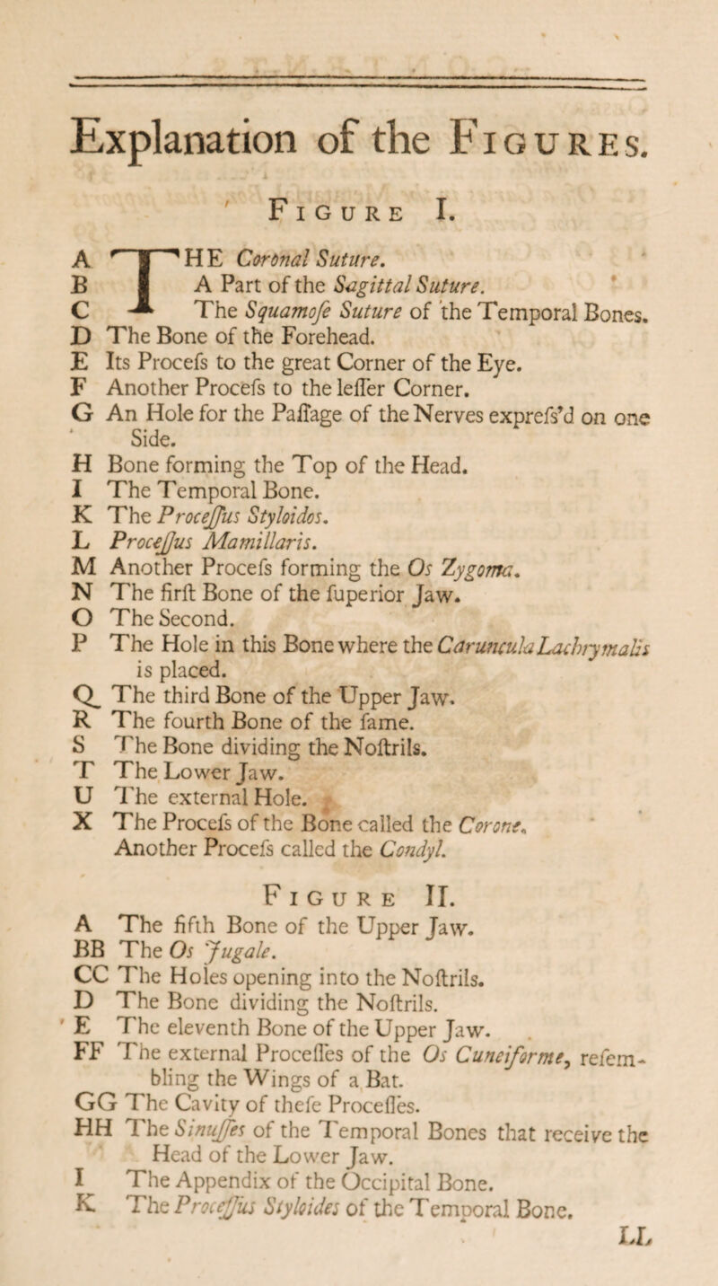 Explanation of the Figures. Figure I. A J * H E Car final Suture. B I A Part of the Sagittal Suture. C The Squamofe Suture of the Temporal Bones. D The Bone of the Forehead. E Its Procefs to the great Corner of the Eye. F Another Procefs to the lefler Corner. G An Hole for the PalTage of the Nerves exprefs’d on one Side. H Bone forming the Top of the Plead. I The Temporal Bone. K The ProceJJiis Styloidos. L ProceJJus Mamillaris. M Another Procefs forming the Os Zygoma. N The firft Bone of the fuperior Jaw. O The Second. P The Hole in this Bone where the CdruncuhLathy maids is placed. Q. The third Bone of the Upper Jaw. R The fourth Bone of the fame. S The Bone dividing the Noftrils. T The Lower Jaw. U The external Hole. X The Procefs of the Bone called the Cor one. Another Procefs called the Condyl. Figure II. A The fifth Bone of the Upper Jaw. BB The Os Jugale. CC The Hoies opening into the Noftrils. D The Bone dividing the Noftrils. E The eleventh Bone of the Upper Jaw. FF 'The external Proceftes of the Os Cuneiforme? refem- bling the Wings of a Bat. GG The Cavity of thefe Procefles. HH The SinuJ/es of the Temporal Bones that receive the Head of the Lower Jaw. I The Appendix of the Occipital Bone. K The P rocejjus Sty hides of the T emDoral Bone. LL