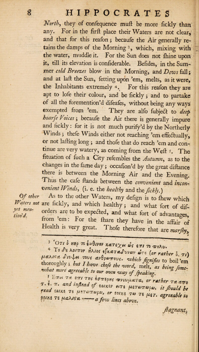 North, they of confequence muft be more fickly than any. For in the firft place their Waters are not clear, and that for this reafon; becaufe the Air generally re¬ tains the damps of the Morning 3, which, mixing with the water, muddle it. For the Sun does not fhine upon it, till its elevation is confiderable. Befides, in the Sum¬ mer cold Breezes blow in the Morning, and Dews fall; and at laft the Sun, fetting upon ’em, melts, as it were, the Inhabitants extremely 4. For this reafon they are apt to lofe their colour, and be fickly; and to partake of all the foremention’d difeafes, without being any ways exempted from ’em. They are alfo fubjeft to deep hoarfe Voices; becaufe the Air there is generally impure and fickly: for it is not much purify’d by the Northerly Winds; thefe Winds either not reaching ’em effectually, or not lading long; and thofe that do reach ’em and con¬ tinue are very watery, as coming from the Weft r. The fituation of fuch a City refembles the Autumn, as to the changes in the fame day $ occafion’d by the great diftance there is between the Morning Air and the Evening. Thus the cafe hands between the convenient and incon- venient Winds, (i. e. the healthy and the fickly.) „ Of other As to the other Waters, my defign is to fhew which Waten not are fickly, and which healthy j and what fort of dif ILT' °rderssare tobe “P®9**1* and what fort of advantages, from em: For the thare they have in the affair of Health is very great. Thofe therefore that are marjhy. Or; 0 »»p to i-JUnv vf ion 75 To J's Konot »A;ot 8JW«</W „v. (or rather l ri) utthtra.. S'n-let 7vu( avSpuoroue. which Unifies to boil’em thoroughly; to I havecbofe the word, deft,as being fZ- •whct more agreeable to our own way of /peaking » b™ t* M-, r* or rather ' ; ^ and ,nJ>cai °f i:“W “Ti (tiToooreofa, it Jhould be read ««, Ts „tTU7rafa> „ „ 7; A Jf W/M Tt -a few line; above, ‘ * V ‘ - k »t. / V' ■ « Jlognanf