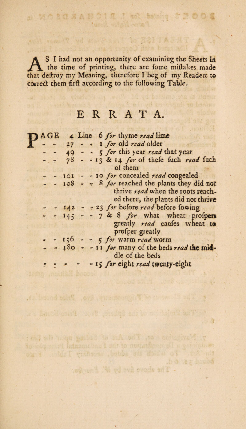 AS I had not an opportunity of examining the Sheets in the time of printing, there are fome miftakes made that deltroy my Meaning, therefore I beg of my Readers to carred them firft according to the following Table, ERRATA, T) AGE 4 Line 6 for thyme read lime 27 - - 1 for old read older 49 - - 5 for this year read that year 78 - - 13 & 14 for of thefe fucli read fuck of them 101 - - 10 for concealed read congealed 108 - r 8 for reached the plants they did not thrive read when the roots reach¬ ed there, the plants did not thrive 142 - - 23 for before read before fowing 145 - - 7 & 8 for what wheat profpers greatly read caufes wheat to profper greatly 15 6 - - 5 for warm read worm 180 - -11 for many of the beds read the mid¬ dle of the beds • “ “ *5 fQr eight read twenty-eight