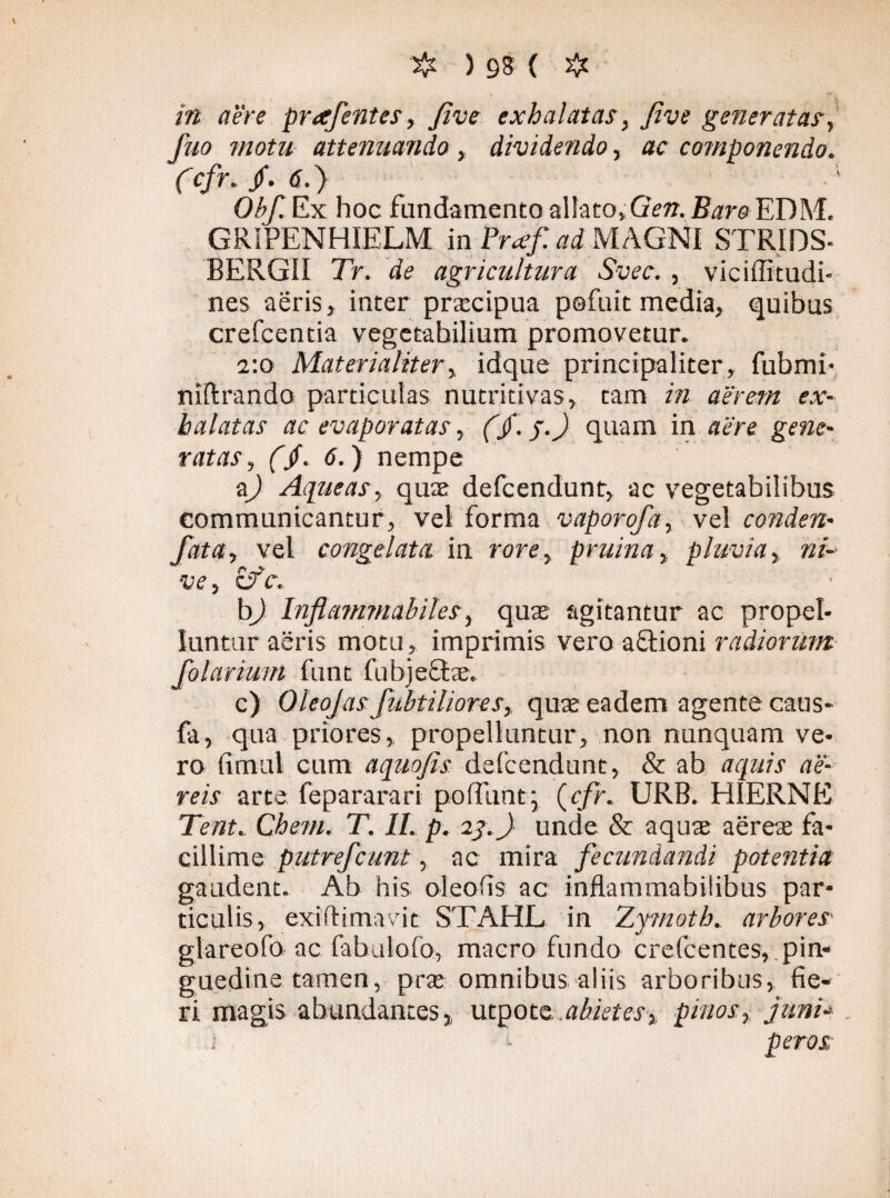 in aere prof entes, five exhalatas, /ive generatas, fuo motu attenuando , dividendo, ac componendo. (cfr* /. tf.) Obf. Ex hoc fundamento allato, Gen. Baro ED1YL GRIPENHIELM in Praf ad MAGNI STRIDS- BERGII Tr. de agricultura Svec., viciffitudi- nes aeris, inter prtecipua pofuit media, quibus crefcentia vegetabilium promovetur. 2:0 Materialiter, idque principaliter, fubmi- niftrando particulas nutritivas, tam in aerem ex¬ halatas ac evaporatas, (f. j.J quam in aere gene¬ ratas, (/. 6.) nempe aj Aqueas, quae defcendunt, ac vegetabilibus communicantur, vel forma vaporofa, vel conden- fata, vel congelata in rore, pruina, pluvia, »?- ■ve, zfc. bj Inflammabiles, quae agitantur ac propel¬ luntur aeris motu, imprimis vero a Orioni radiorum folarium funt fubjecfe. c) OleoJasJubtiliores, quae eadem agente caus- fa, qua priores, propelluntur, non nunquam ve¬ ro fimul cum aquofis defcendunt, & ab aquis ae¬ reis arte fepararari poliunt; (cfr. URB. HIERNE Tent. Chem. T. II. p. 23.)■ unde & aquae aereae fa¬ cillime putrefcunt, ac mira fecundandi potentia gaudent. Ab his oleo fis ac inflammabilibus par¬ ticulis, exiftimavit STAHL in Zymoth. arbores glareofo ac fabulofo, macro fundo crefcentes, .pin¬ guedine tamen, prae omnibus aliis arboribus, fie¬ ri magis abundantes, utpotc.a&otar, pinos, Juni- i - per os.