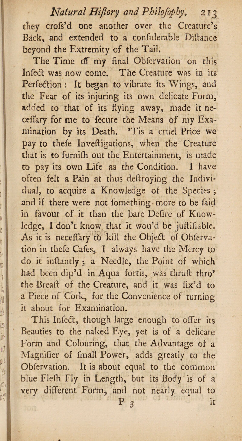 they crofs’d one another over the Creature’s Back, and extended to a confiderable Diftance beyond the Extremity of the Tail. The Time df my final Obfervation on this Infect was now come. The Creature was in its Perfection : It began to vibrate its Wings, and the Fear of its injuring its own delicate Form, added to that of its flying away, made it ne- ceflary for me to fecure the Means of my Exa¬ mination by its Death. *Tis a cruel Price we pay to thefe Inveftigations, when the Creature that is to furnifh out the Entertainment, is made to pay its own Life as the Condition. I have often felt a Pain at thus deftroying the Indivi¬ dual, to acquire a Knowledge of the Species j and if there were not fomething more to be faid in favour of it than the bare Defire of Know¬ ledge, I don’t know, that it wou’d be juflifiable. As it is necefiary t6 kill the Objedl of Obferva¬ tion in thefe Cafes, I always have the Mercy to do it inflantly ; a Needle, the Point of which had been dip’d in Aqua fortis, was thruft thro’ the Bread of the Creature, and it was fix’d to a Piece of Cork, for the Convenience of turning it about for Examination. This Infeft, though large enough to offer its Beauties to the naked Eye, yet is of a delicate form and Colouring, that the Advantage of a Magnifier of fmall Power, adds greatly to the Obfervation. It is about equal to the common blue Flefh Fly in Length, but its Body is of a very different Form, and not nearly equal to P 3 ^