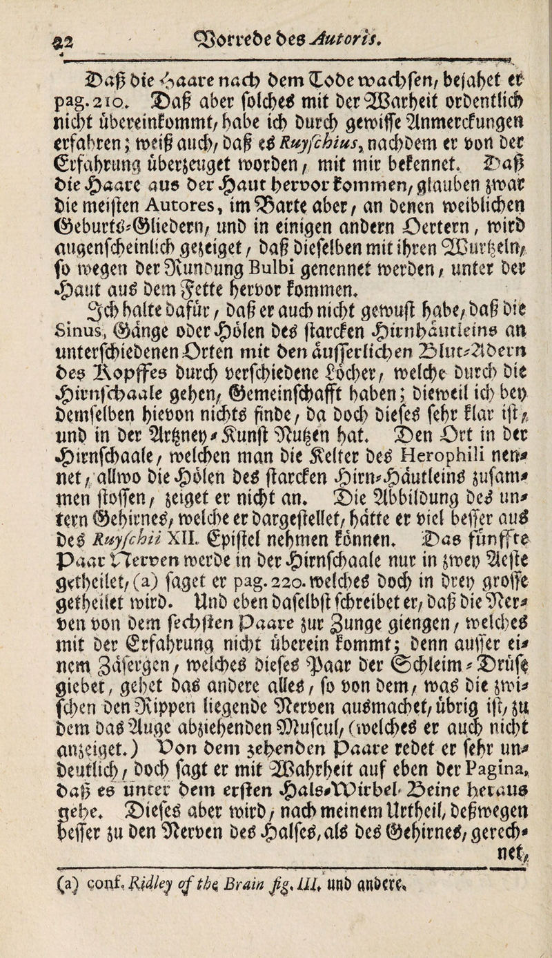 «2 4 §3orreDe Des Aut oris. 2)aj? Die <haare nach Dem tfoDeroacbfen/befallt et pag.210. 2>afi aber folcbeß mit Der2Barbeit orDentlich nicht übereinfommt/ habe td> Durch gewiffe 2lnmercfungen erfahren; weift auch/ Daft eß Ruyfthius, naebbem er Don Dec €ifahruna überzeuget worben, mit mir beferinet. ÜDa$ bie.£}aare aus Der$authert>orfommen/ glauben zwar Die meinen Autores, imfSarte aber / an Denen weiblichen ©eburtß*©lieberti/ unD in einigen anDern Ocrtern, wirb augenfcheinlich gejeiget / ba§ Diefelben mit ihren SDurbelU/ fo wegen Der Svunoung Bulbi genennet werben / unter Der -g>aut aus Dem Jette heroor fommen. 3ch halte Dafür, Da§ er auch nicht gemuff habe/ ba§ Die Sinus, ©dnge oDer$öIen Des ftarefen Oirnhduttetno an unterfebiebenen Orten mit Den äußerlichen 2Mut*8Dera Des 2\opffes Durch uerfebiebene £ bebet'/ welche Durch Die .fmenfebaale gehen/ ©emeinfehafft haben; Dieweil id) bep bemfelben t)iet>on nichts fünbe/ Da Doch Diefeß fehr flat* ift/ unD in Der Sirenen#Äunft duften hat. Oen Ort in Der 4)irnfchaale / welchen man Die Reifer Deß Herophiü nett* net/, allwo Dte^)blen Des ftarefen OirmOdutleinS jufam* men ftoffert / zeiget er nicht an. Oie 2lBbilDung Deß un* fern ©ebirneß/ welche er Dargeftellet/ hatte er Diel beffer auß heb Ruyfchu XII. ßpiffel nehmen fdnnen. ÜDas fünffte Paar Heroen werbe in Der Oirnfcbaale nur in zwei) Slefte getbeilet/(a) faget er pag. 220. wekbeß Doch in Drep greife getheiiet wirb, ttnb eben Dafelbft fchrcibet er/ Dafi Die 9ter* nett Don Dem feehfien paare zur gunge giengen/ weldieß mit Der Erfahrung nicht übereinfommt; Denn auffer ei* nem Säfergen, welches btefeß ^aar Der <0cbletm*Onif$ Siebet, gehet Daß andere alle« / fo »on Dem/ waß Die zwi* fchen Den Deippen liegende Otersen außmachet/übrig i|t/Z« Dem Daß 2luge abziehenben COtufcul/ (welches er auch nicht anjeiget.) Port Dem gehenden paare rebet er fehr un* Deutlich / Doch fagt er mit ;2Bahrheit auf eben Der Pagina, Daß es unter Dem erflen -£)als»\Ptrbel- 23eine heraus gehe. Oiefeß aber wirb / nach meinem tlrtheil, Deswegen heiter zu Den Sternen deß.£)alfcß,alß Deß ©ebirneß/ gerech* ___ net« 00 Cünl:- FMty 1tftbi Brain fy, Ul, linö «nbCtf.