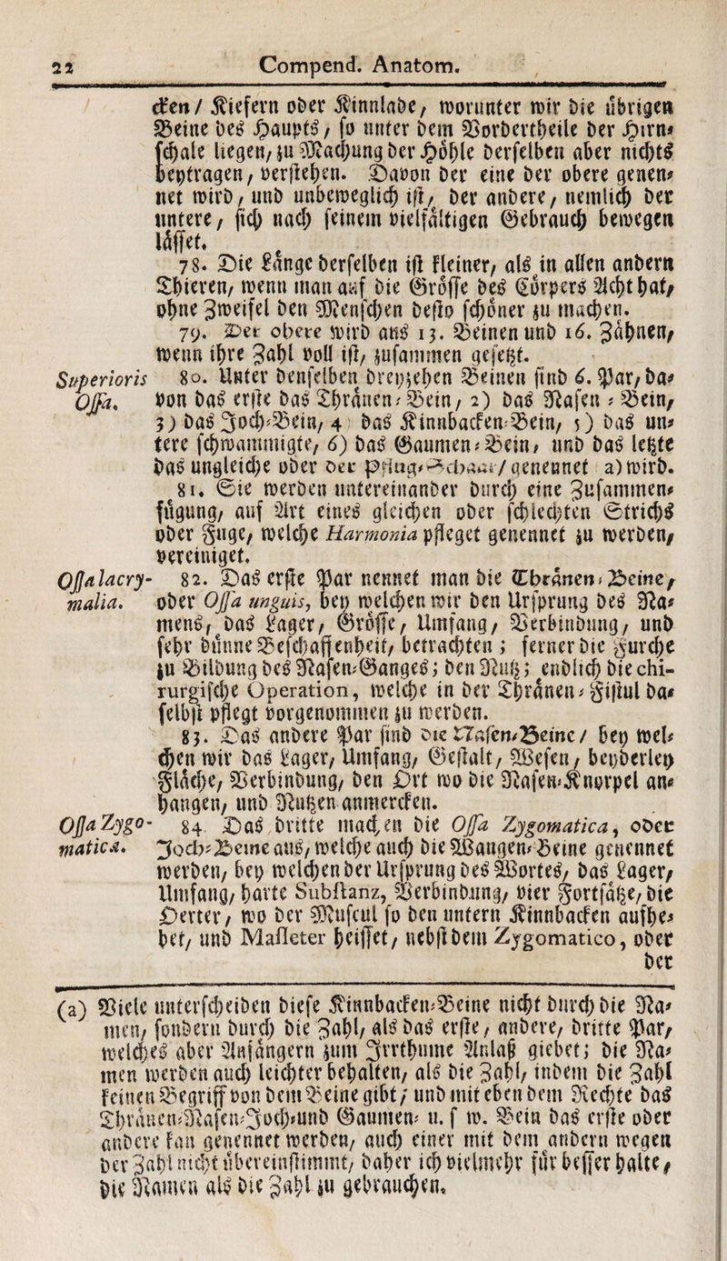 dtn/ liefern oher 51'tnnlabc, worunter roir hie übrigen Seine he^ Jpauptß, fo unter hem 23orhcrtheile her Jptrn* fchale liege«/ ju SÖiacpng her Jg>o^le herfelben aber nichts betrage« / verliehen. Davon her eine her obere genen* net tvirh, unh unbeweglich tft, her anDere, «entlieh her untere, fte|> nad) feinem vielfältigen ©ebrauch bewegen läffet« 78. Die £angc herfelben ifl Fleiner, alß in allen anhem Sbieren, wenn man auf hie ©rdffe heg Körpers 2JchthatA ol)ne J^eifel hen 0^enfd)en Deflo fchoner $u machen. 79, iDet obere wirh auß 13. deinen mih 16, 3dhnen/ wenn ihre Jabl voll ifl, ^ufammen gefegt. Superioris 80. Unter henfdben Dreschen Seinen finh 6. $par,ba* Ojfa< Von baß erfle baß Shrdnen; ©ein, 2) baß Slafen * Sein, 3) ha$ 3vd)^eia/ 4 baß ^innbaefen Sein, 5) baß un* tere fchwammigte, 6) Daß ©autnen *25ein* unh baß lefete baß ungleid)e ober Der pflug^cUaai/aenennet a)wirb. c8u ©ie meröen imtereinanher Durch eine 3ufammen* fugung, auf Hirt eineß gleiten oher fd)ied)tcn ©triebt ober §nge, welche Harmonia pfleget genennet sn werben/ vereiniget, Oßalacry- 82. Daß erfle $av nennet man hie (Cbrdnen*Seme/ malia. oher Oj]a unguis, bep melden wir hen Urfprung Deß 31a* menß,Daß £ager, ©vbffe, Umfang, SerbiriDmig, unh febr Dtinne Sefcf)afien|>eif, betrachten 3 ferner Die gurd)e in Silbung beß31afem0angeß; hen Stufe; enölich hiechi- rurgifd)e Operation, welche in her £brdnetu giflul Da* felbjl pflegt vorgenommen |u werben. 83. Daß anhere $ar finh Die £Tafen/£eme/ bet) wel* d)cn tvir haß bager, Umfang, ©ejlalt, SBefen, bepherlet) gldd)e, SSerbinhung, hen Drt tvo hie 31afew$nprpel an« bangen, unh ülufeen anmercFen. OJJaZygo- 84, Daß Dritte matten hie OJfa Zygomatica, oDec viatica. cfc&eme auß, welche auch hie ^Bangen*Seine genennet tverhen, bet) welchen her Urfprung DeßSBorteß, haß £ager; Umfang, barte Subftanz, s$erbinbung, vier gortfdfee,hie Werter, tvo her $?ufcul fo heu unfern $innbacfen aufhe* bet, unh Mafleter heiffet, nebfihem Zygomatico, oher her (a) Siele unterfcheihen hiefe 5vianbadeu^eine nicht Durch hie 91a* men, fonheru hurd) hie gahl/ alß baß erfle, anhere, Dritte $ar/ tveidjeß aber Anfängern $um 3vrthume 2lnlafi gtebet; hie 31a* men tverhen auch leichter behalten, alß hie gnhl/ inhettt hie 3aM Feinen Segriff t>on DeinSeine gibt; unh mit eben hem Üved>fe baß 2hrdnen^afcu'3ocl>unh 0aumem u. f tv. Sein haß erfle oher anhere Fan genennet tverhen, aud) einer mit hem anhem wegen beruht nicht täbereinflimmt, Daher ich vielmehr fdvbeffer halte f hie SRnmen alß hie 3# *u gebrauchen«