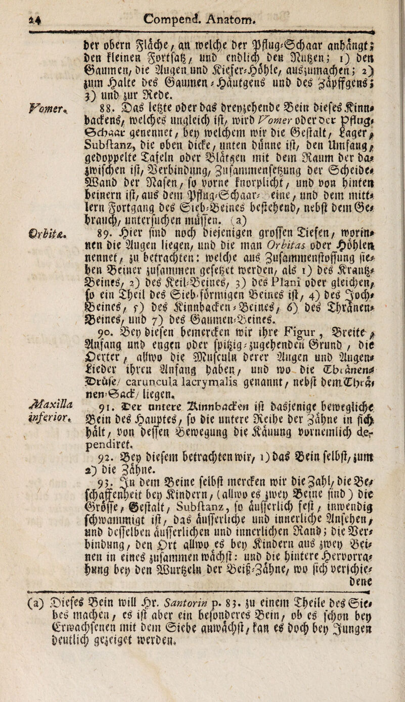 Ber obern fläche, an welche ber Mng*©chaar anbangt# ben Fleinen gortfah , unb enblteh Den 3Rm$en; 1) beti 0aumen, bte klugen unb $tejer?#6hle, au^mnachen; 2) $um Jbalte be6 0aumetu J£>autgen£ unb bei 3apffgen$$ 5) unb mr 3ieDe. Vomer% 88. £)ai legte oberbag breoKhenbe 55etn biefegjfrnn* badend welche^ ungleich tfl, wirb Vomer oHroer ©d?aar genennet, bep meinem nur bte 0efklt, läger* Subftanz, bte eben bicFe, unten btlnne ijl, ben Umfang* gehoppelte tafeln ober ^laf^eu mit bem 3£aum ber ba* Sttifdjen i|i, ^erbinbung, Snfammenfegung ber ©eheibe* Sßanb ber Olafen / fo oorne Fnorplicht , unb oon Sintert Beinern ijl,auS bem $}l«g;©cbaar; eine, unb bem mitU lern gortgang be$ ©teb^eine^ bcfkbenb, neb(l Dem0e* Brauch, unterfucgcn muffen. (3.) Qrhiu. 89. #ter finb nod? Diejenigen groffen Siefen, worin* nen bte Gingen liegen, unb Die man Orbitas ober Reglet! nennet, 51t betrachten: welche am? Jufammenfloffung \\u Ben feiner jufammen gefegt werben, ale? 1) De$ $ranlp feines;, 2) be$ $eib$5eine£, 3) Des Plani ober gleichen* {0 ein Xgeil De3 ©iebffonmgen ^einti tfl, 4) betf Soch# feetnetf, f) Deg S'innbacfen^etne^, 6) bei Sgvgnen^ §3etne$, unb 7) be£ 0aumew5)einf$. 90. 53ep biefen bemerken trir ihre Figur, Breite Anfang unb engen ober fpihig^ugehenbett 0runb , Die £>a;ter, atftpo Die Sftnfculu Derer Gingen unb klugen* lieber ihren Anfang haben, unb wo Die <tbiänem ^Drufe/ caruncula lacrymalis, genannt, nebfi bem£l)r4f neti 0ad:/ liegen. Maxilla 91. ^er untere ^tnnbad’ert ifl Dasjenige bemeglidK inferior*, $$etn be£ Jpaupte^, fo Die untere fKeihe ber 3ahne in ft4 halt, Pon beffen Bewegung Die Hauung Povuemlich der pendiref. 92. ^ep biefem befrachtenwir, i)Da$ ^einfelbfi/iuttt 2) Die 3ßhne. 93. ^n bem feilte felbfl merefen mir biejahl, bie^e/ fchaffenheit bep Äinbcrn, (aümo eg jmep 53eine ftnb) bte 0r6ffe, 0eflalt, Subftanz, fo äufferlicf) fcfl, tnmenbig fchmammigt ifl/ ba£ aufferltche unb innerliche 2lnftben* unb Dcffelben aufferlichen unb innerlichen Sianbi bieder* Binbung, Den £>xt aürooce£ bep Äinberu atW $mep 55ep neu in etne£ jufammeu machfl: unb bte hintere Jberoorra* Bnng bep ben äßurheln ber &eiff'3ahne, wo [ich berichte* bene (a) tiefes Q5cm will Jf?r. Santorin p. 83. ju einem itheile beg©ie# Beg machen, eg ifl aber ein bejonbereg ^etn, ob eg fef)on bep 0rm«chfenen mit bem ©iebe anmdchfi, fan el Doch bep Sungen Deutlich ge^eiget merbem