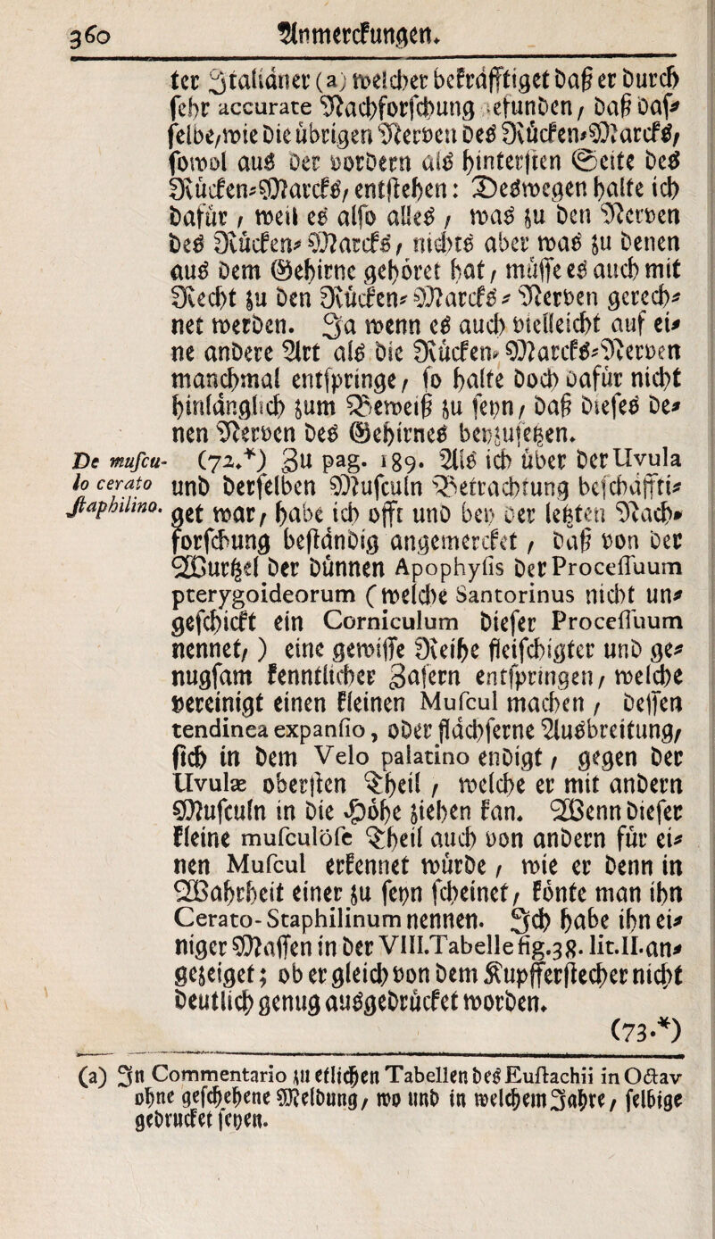 3 €o 5ltimercFungett._ tcc 3talidner (a) weidter befrdlffiget Da{? er Durch febr accurate 9Jad)forfchung efunDen , Daf? Daf» felbe,wie Die übrigen Heroen Des 9iücfem$D?arcf$, fowol aus Der oorDern alb fyinterjien ©eite De$ 3\ücfen*$Ü?arcftf, entheben: Seewegen batte ich Dafür i weil ee alfo a!!e£ , waö ju Den Werten Deö Oiücfen* Tarife , nid)ts aber wab ?u Denen auö Dem ©ebirne gebäret bat, müffeeci auch mit 2Red)t $u Den ücüdfen* €0?arcfö * Serben gerecb* net »erDen. 3a wenn e£ aucb Dielleicbt auf ei* ne anDere 9lrt alö Die Svücfem 9)iarcf$*9iemn manchmal entfpringe, fo balte Doch Dafür nicht binfängbcb &um Beweil? &u fepn, Daf Diefeb De» nen ffterocn De$ ©ebirneo bepjufeben. De mufia- (72.*) 3u pag. 189. Slie ich über Der Uvula lo cerato tmD Derfelben SDiufcuin Betrachtung befchdffti» jtaphümo. w habe ich offt unO bei) Der lebten 9iad>» forfibung befldnDig angemercfet, Daß ron Der BDurfsel Der Dünnen Apophyiis DerProceffuum pterygoideorum C weidte Santorinus nid)t un» gefchirft ein Corniculum Diefer Procefluum nennet,) eine gewilfe 9ceibe fieifcbigfer utiD ge* nugfam fenntltcher gafern entfpringen, welche Bereinigt einen fleinen Mufcul machen , helfen tendinea expanfio, »Der jldchferne Sluebreitung, ftd) tn Dem Velo palatino enDigt, gegen Der Uvulae oberlien ^heil, welche er mit anDern SOiufculn in Die $6be sieben fan. Bßenn Diefer fletne mufculöfe ^beil auch uon anDern für ei* nen Mufcul ernennet würbe, wie er Denn in Bßabrbeit einer ju fepn fcheinet, fönte man ihn Cerato-Staphilinum nennen. 3<h habe ihn ei* niger halfen in Der VIILTabelle fig.3 R. lit.ll.an* gejeiget; ob er gleich Don Dem Äupfferfiecber nicht Deutlich genug autfgeDrücf et worben. (73 *) (a) 3« Commentario *ll etlichen Tabellen fcegEuflachii in O&av o^ne gefdjeljene Reibung/ m uni) in tKldKin3af>re, felsige get>rucfet tepe«.