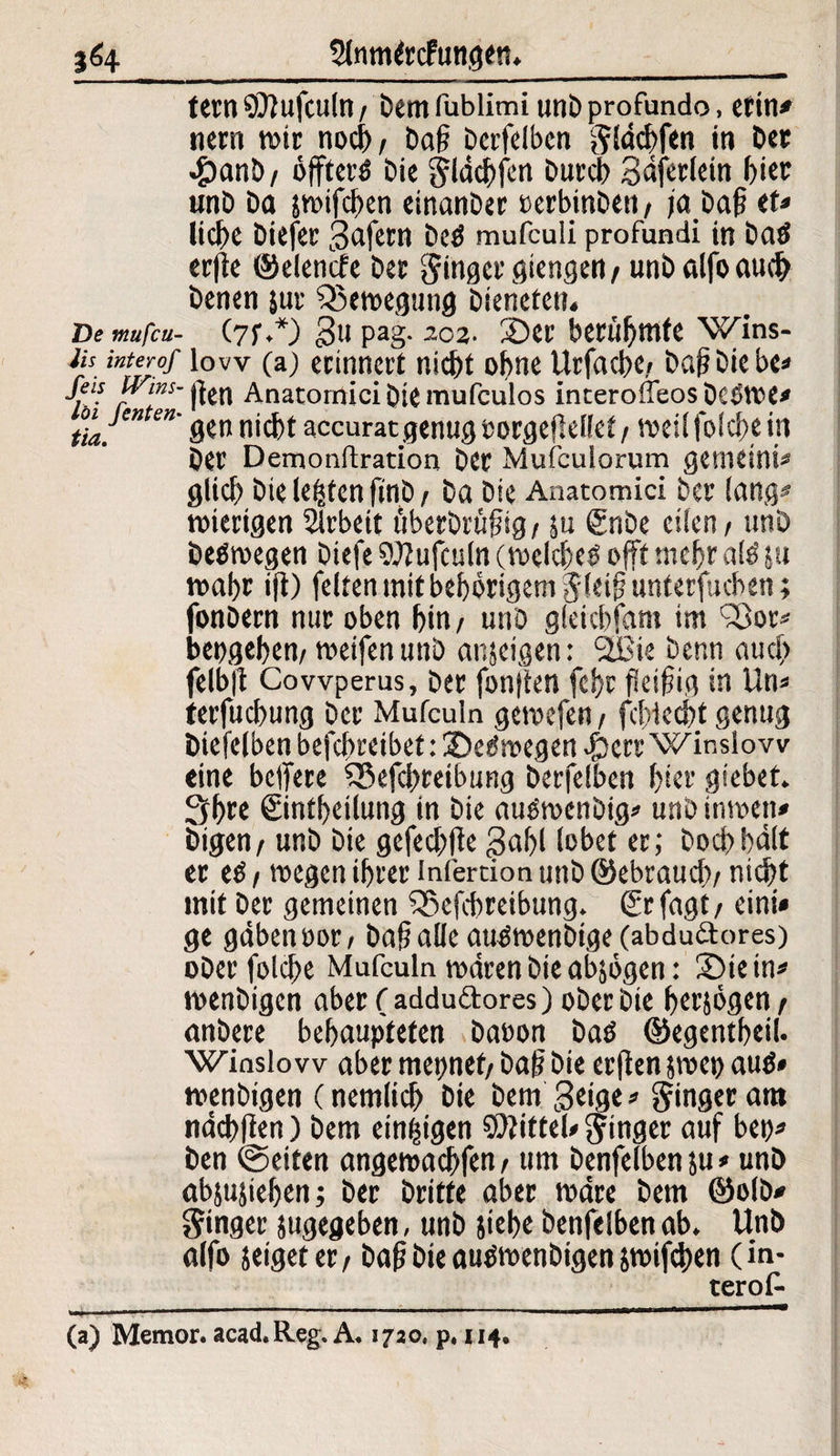 fern S07ufculn / Dem fublimi unD profundo, erin# nern mir noch / baß Derfelben gldchfen in Der «£)anD/ öfftertf Die gldchfen Durch Sdferlein I)iet unD Da swifchen einanber PerbinDeti/ ja Daß et* Uct>e Diefer 3afern DcS mufculi profundi in Das erfte ©elende Der ginger giengen/ unbalfoauch Denen sur ^Bewegung Dieneren* De mufcu- (7?*) gu pag. 202. Ser berühmte Wins- ii$ intero/ low (a) erinnert nicht ohne Urfatbe, baß Diebe* feis Wim- |{en Anatomici Die mufculos incerofleos Qcstre* tu.™ 9{n nicht accurat genug oorgeflellet / weil folcfje in Der Demonftration Der Mufculorum gemeint« glich Die lebten ftnD, Da Die Anatomici Der lang« mierigen Slrbeit uberbrüßtg/ 5« ©nöe eilen > unD Deswegen Diefe 9JZufculn (weichet offt mehr als' |tt tvahr ifi) feiten mit behörigetn gleiß unterfueben; fonDern nur oben hin / unD gfeiebfam im 'Sor* bepgeßen/weifen unD anjeigen: 2ßte Denn auch felb|t Cowperus, Der fonjten fehr fleißig in Un* terfuchung Der Mufculn gewefen, fcßiecht genug Diefelbenbefchrcibet:SeSwegen.&ctrWinslovv eine belfere fjkfchreibung Derfelben hier giebet. Shte Sintheilung in Die auSwenDig* unbinwett* Digen^ unD Die gefeebße -Saßl lobet er; Doch hält er es, »egen ihrer infertion unD ©ebraueb/ nicht mit Der gemeinen i35efcbreibung. Srfagt/ eini* ge gäben oor/ Daß alle auSwenDtge (abdu&ores) ober folche Mufculn mären Die absögen: Stein« voenDigen aber (addu&ores) ober Die hersögen ^ anDere behaupteten baoon Das ©egentßeil. Winslow aber mepnet/ Daß Die erflen svoep aus* wenbigen (nemlich Die Dem \3dge* ginger am nächfien) Dem einzigen Mittel* ginger auf bep« Den ©eiten angemachfen / um Denfelbenju» unD abjusiehen; Der Dritte aber märe Dem ©olb* ginger jugegeben, unD siehe Denfelben ab. Unb alfo seigeter, baß Die auöwenbigen swifchen (in- terof- (a) Memor. acad.Reg. A. 1720. p. 114.