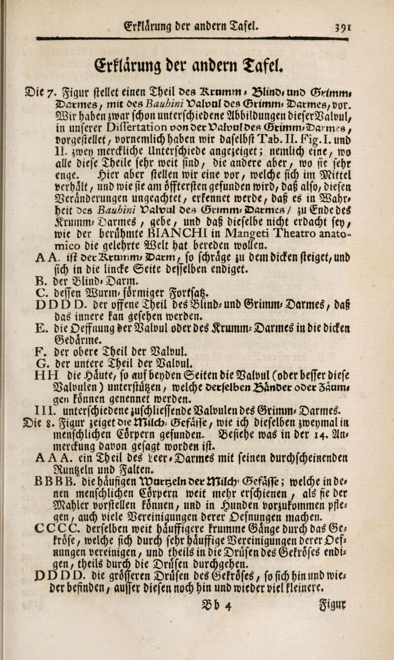 <£tflänmg ber anbern Xafef. ©ie 7. gigur fiel!et einen £heil &es Krumm* (Brtmmi SD^tmes / mit öes Bauhini X)ah>al öes (Brtmm* ^Darmes/ oor. fXöir haben jmar fc^ori unterfchiebene 2lbbtlDungen DieferBalbul, in unferer DiITertationt>onöerX>akmlfce8(0timm>3}arm^8/ borgefteüet/ bornemlich haben mir bafelbfl Tab.II.Fig.I.unb II. ]m\) mercFltche Unterfchiebe angejeiget; nemlid) eine, mo alle Die ft Sbeile fehr meit finb/ DieanDere aber, mo fte fehr enge. J£)ier aber (lellen mir eine tmr, melche (tch im Niftel »erhalt , unD mie |Ie am offferflen gefunDen mirD/ Dal alfo/ Diefeit Beranberungen ungeachtet/ erFennet merDe, baf eö in 5Sahr* heit Des Bauhini Paltml öe>* (öeimm# JDarmef*/ $u€nbebe$ Srumm*©armes , gebe/ unD ba§ Diefelbe nicht erbacht fep, mie Der berühmte BIANCHI in Manoeti Theatro anato¬ mico Die gelehrte Sßelt hat bereDen moffen. AA. if? DeiKcmrim#?Dai:m/ fo fdjrage ju DemDicFen(leiget/unb fleh in Die ÜncFe ©eite beffelben enbiget. B. Der Blinb*©arm. C. Deffen $Burm< fSrntiger gortjaß. D D D D. Der offene £heil Des Blinb* unb ©rimrn* Darmes, baf DaS innere Fan gefehen merben. E. Die Deffnung Der Balbul ober Des Stumm* ©armes in Die bicFen ©ebärme. F. Der obere £heil Der Balbul. G. Der untere £(mil Der Balbul. HH bieJpäute/ fo auf bepben ©eiten Die Balbul (ober beffer biefe Balbulen) unterflu^en / melche t>etfelben23äHtmeoOer5aam< gen Fonnen genennet merben. III. unterfchieDene jufchliejfenbe Balbulen Des ©rimrn* ©armes, ©ie 8. gigur jeigttöietnilcb^ (Bcfalle/ mie ich Diefelben jmepmalin menfchlichen Körpern gefunDen. Befiele maS in Der 14.2Jn* mertfung babon gefagf morben ifl. A A A. ein Xhtil Des fceer# ©armes mit feinen burchfcheinenben 3Iun($eln unb galten. BBBB. Die häufigen TDor^elit öee tnileb’tBefaffc; meldjeinbe* nen menfchlichen Körpern meit mehr erfchienen / als fte Der Zahler borfMen Fonnen / unD in Jfpunben borjuFommen pfle* gen, auch Diele Bereinigungen Derer Defnungen inanen. CCCC. Derfelben meit bauffigere Frummc ©<$nge Durch DaS ©e* Frofe/ melche fich Durch fehrhäuffige Bereinigungen Derer£>ef* nungen bereinigen / unD theilSinbie©rtifenbeS©eFr5feS enbi* gen / theils Durch Die ©rufen Durchgehen. DD DD. Die größeren ©rufen DeS®eFrofeS/ fo (ich hin unb mie* Der bejmben / auffer biefen noch hin unb micber Diel Heinere. 35 b 4 gigur