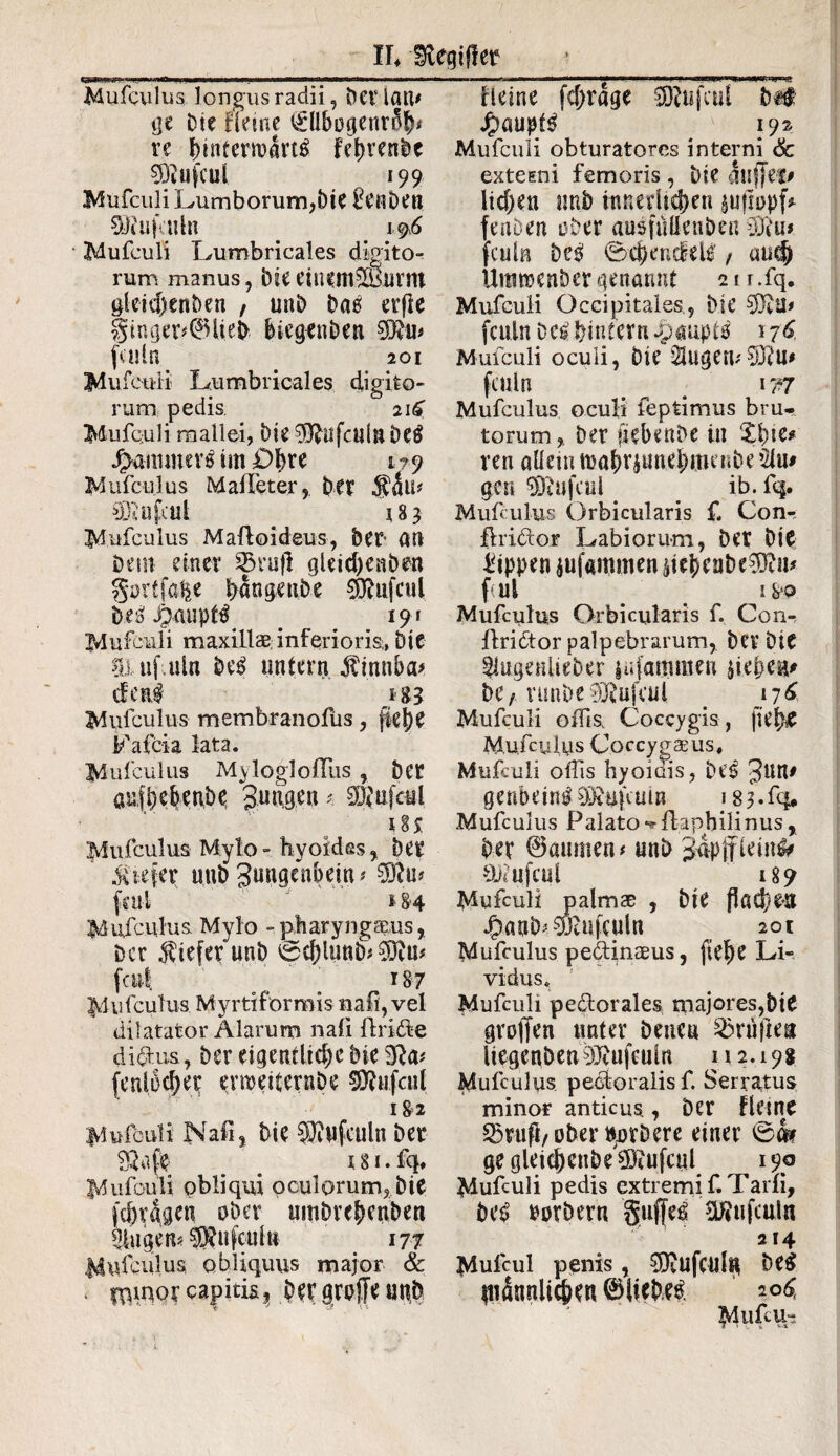 Mu (culus longus radii, bCVian* tje Die Heine i£llbogerirnL re DmterroartS febvenbc s&ufcul 199 Mufculi Lumborum,Die £enDen SJfufculn _ _ 196 Mufculi Lumbricales digito¬ rum manus, Dieeinem^Bunn gletd)enben , unD batf erfle §inger*0lieb biegenben ?DiU> fculn . 201 Mufculi Lumbricales digito¬ rum pedis 21S Mufquli mallei, Die ^üfculn Detf J^ammers im p^re 179 Mufculus Maffeter, Der $Äu* d) ia foil 183 Mufculus Mafloideus, Der Ati Dem einer 23rufl gleid)enben §ortfa|e bangeube $9?ufcul be3Jjaupt^ _ 191 Mufculi maxillas inferioris;, Die SXufuiln be£ untern tinnba* deni j83 Mufculus membranofüs, fiel)? Fafcia lata. Mufculus M>logioffus , Der öpDebenDe Jung eu ? SRufcttl l8 S Mufculus Myto- hyoidss, Der .tiefer unb gungeubem * $)hv fml * 8-4 Mufculus. Mylo -pharyngeus, Der tiefer unD 0d)UmD* fcu( 187 Mufculus Myrtiformis nafi, vel dilatator Alarum nafi ftri&e di dius, Der eigentlidjc Die $la* {enlocfyer evmeiternDe SOfaifcul 182 Mufculi Nafi, Die ^ufculn Der ffeafe # isi. fq. Mufculi obliqui oculorum. Die fdjvggen ober umDrebcnben klugen* ®ufcuh* 177 ||ufculus obliquus major & . f^inor capitis, Der groffe unD Heine fd)rage 5)?ufcul M J£mupf3 192 Mufculi obturatores interni 6c externi femoris , Die anjjef# lid)en unb innedic?)en auflopf^ feiffien ober ausfüüenöeu Leu« fcuL be$ 0d)entfelt / audj UramenDer genannt 21 r.fq. Mufculi Occipitales, Die Sffta* fculn Dc£ bin fern Jpaupttf 17 6 Mufculi oculi, Die ‘21ugen;?0?u* fculn . 177 Mufculus oculi fepiimus bru¬ torum, Der jiebenDe in ren allein tuabr$unei;»tienbe ’2lu# gen $ftufeul . _ ib. fq. Mufculus Orbicularis f. Con- fkidlor Labiorum, Det Die Rippen $uf«mmen pebcnbe$iu* fui ^ 18*Q Mufculus Orbicularis f. Con¬ diri dtor palpebrarum, Dev Die ^lugeuiieber lujamnten ^eben* DC/ runbe iDiufcul _ J176 Mufculi offis, Coccygis, \U$£ Mufculys Coccyu^us, Mufculi offis hyoiais, be£ genbein$ 93vufu m 183* fq* Mufculus Palato ^ffapbilinus, Der 0aumen* unD 3apflein& OJlufcul 189 Mufculi palmas , Die fladiett $auD<$Htf(uln 20 t Mufculus peäinaeus, fielje Li¬ vidus. Mufculi pedtorales majores,Die gvojjen unter Denen Stuften liegenben93iu(euln 112.198 Mufculus peroralis f. Serratus minor anticus., Der Heine 23rufi,ober ftorbere einer 0&r ge gleidjetibe Fufetii 190 Mufculi pedis extremi f. Tarfi, M rorDern Suffer Sflu fculn 214 Mufcul penis, 5ftufculit be$ diänniicfKn ®HcDM Mufat-