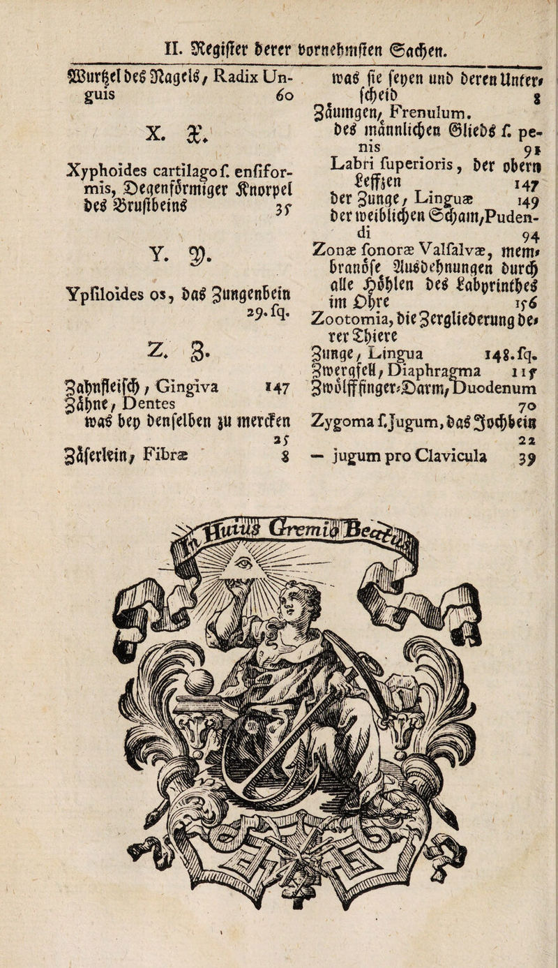 $3ur$el Ui Gagels / Radix Un¬ guis 60 x. a\ Xyphoides cartilago £ enfifor- mis, £)eqenformiger Knorpel Ui &ruflbein$ 3? Y. % Ypfiloides qs, ba$ Jimgenbetn 29. fq. > z. 3. Sabttfletfdj / Gingiva 147 gpnC/ Dentes a>«$ bep benfelben 311 itiercfen * 3; gaferltin/ Fibra; 3 n?ö$ jte fepen unb deren Unter# petb g gaumgen/c Frenulum. be$ männlichen ®lieb$ f. pe* nis 9$ Labri fuperioris, ber ober» Elften 147 ber gliltge / Linguae 149 ber weiblichen 6d;am/Puden- di 94 Zonae fonorae Valfalvae, mttn» branofe 2lu$bebnungen burdj alle Jbplen betf ^abprintbe^ im £%e ifd Zootomia, bie Sergliebming be* rer £*)jere gwig£/ JLringua 14g.fq. §werqfcH / Diaphragma 11 f 3«)oljffinger?£)arm/Duodenum 70 Zygoma f Jugum, ba£ SbCpeiii 22 — jugum pro Clavicula 39