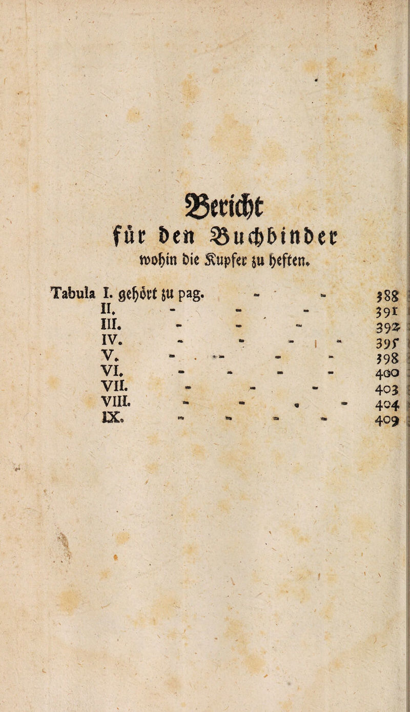 / t t 35eridjt für beti ^ucfrf>int>ec tuofjin t>ie Tupfer ju !>cft<n* Tabula I. gehört 5« pag. Ii. III. IV. V. - . VI. VII. VIII. IX. $88 391 1 393 . 39r i $98 400 ; 403 I 404 i 409 : ?