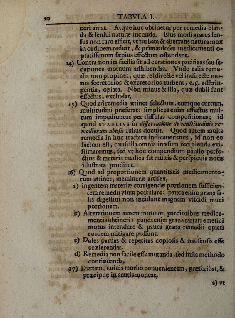 ceri amat. Atque hoc obtinetur per remedia blan¬ da & fenfui naturae iucunda* Eius modi gratus fen- fus non raro efficit, vt turbata & aberrans natura mox in ordinem redeat, & primae dofes medicamenti o- ptatiffimum faepius efeflum oftendant* 14) Contra non ita facilis fit ad curationes pacifieas feu fe- dationes motuum adhibendas* Vnde talia reme¬ dia non propinet, quae veldire£le velindire<fte mo¬ tus fecretorios & excretorios turbent, e*g4 adftrin- gentia, opiata* Non minus & illa, quae dubii funt efferus, excludat* Quod ad remedia attinet feleflum, eumque curtum, multitudini praeferat: fimplicesenim efferius mul¬ tum impediuntur per diffufas compofitiones; id quod stahli vs in dijjertatione de multitudinis re¬ mediorum abufu fufius docuit* Qpod autem multa remedia in hoc tra<$atu indicauerimus , id non eo faflum eft, quafi illa omnia in vfum recipienda exi- ftimaremus, fed vt hoc compendium paullo perfe¬ ctius & materia medica fat multis &perfpicuis notis illuftrata prodiret. 16) Quod ad proportionem quantitatis medicamento¬ rum attinet, meminerit artifex, i) ingentem materiae corrigendae portionem fufficien- temremedii vfum poftulare: pauca enim grana fa¬ lis digeftiui non incidunt magnam vifeidi muci portionem. Ib) Alterationem autem motuum parcioribus medica¬ mentis obtineri' pauca enim grana tartari emetici motus intendere & pauca grana remedii opiati eosdem mitigare poffiint. c) Dofes paruas & repetitas copiolis & naufeofis effe praeferendas. d) Remedia non facile efle mutanda, fed iufta methodo continuanda* *7) Disetam, euiuis morbo conuenientem f praefcribat, & praecipue in acutis moneat» L %' “ f ' _ a)vt