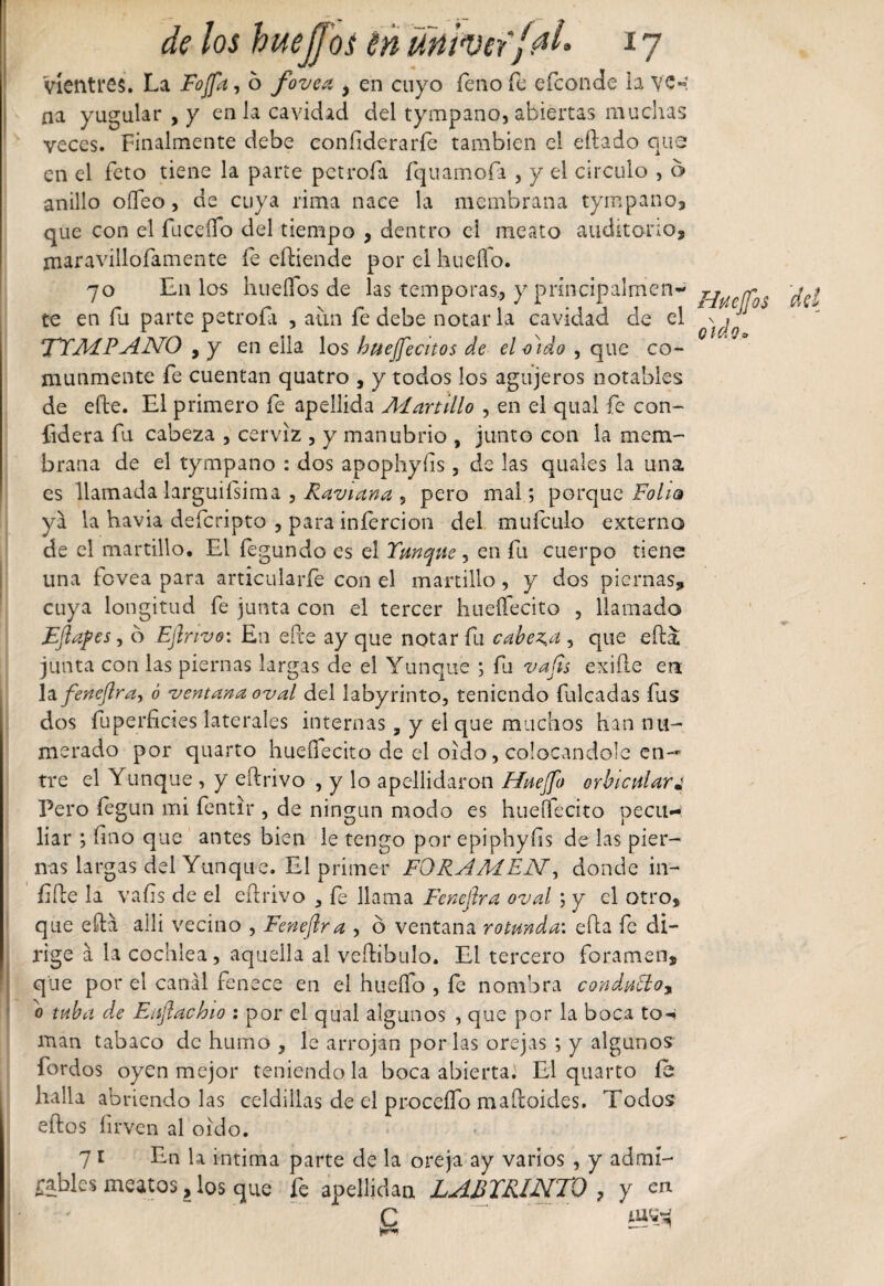 Vientres. La Fojfa, 6 fovea } en cuyo feno fe eíconde la ye-: na yugular , y en la cavidad del tympano, abiertas muchas veces. Finalmente debe coníiderarfe también el eftado que en el feto tiene la parte petrofa fquamofa , y el circulo , o anillo oífeo, de cuya rima nace la membrana tympano, que con el fuceífo del tiempo , dentro ei meato auditorio, maravillofamente fe eíliende por el hueílo. 70 L11 los hueífos de las témporas, y principalmen¬ te en fu parte petrofi , aun fe debe notarla cavidad de el ETMPANO 9 y en ella los htteffecitos de el Pido , que co¬ munmente fe cuentan quatro , y todos los agujeros notables de efte. El primero fe apellida Martillo , en el qual fe con- fidera fu cabeza , cerviz , y manubrio , junto con la mem¬ brana de el tympano : dos apophyíis , de las quales la una es llamada larguiísima , Raviana , pero mal; porque Folia ya la havia deferipto , para iníercion del mufculo externo de el martillo. El fegundo es el Tanque , en fu cuerpo tiene una fovea para articularle con el martillo, y dos piernas, cuya longitud fe junta con el tercer hueífecito , llamado Eflafes, d Ejlnvo: En efee ay que notar fu cabera , que efta junta con las piernas largas de el Yunque ; fu vajts exilie en la fenejlra, ó ventana oval del labyrinto, teniendo falcadas fus dos fuperficies laterales internas, y ei que muchos han nu¬ merado por quarto hueífecito de el oido, colocándole en-* tre el Yunque , y eflrivo , y lo apellidaron Huejfo orbicular4 Pero fegun mi fentir , de ningún modo es hueífecito pecu¬ liar ; fino que antes bien le tengo porepiphyíis de las pier¬ nas largas del Yunque. El primer FORAMEN, donde in- íiíle la vaíis de el eílrivo , fe llama Fenejlra oval ; y el otro, que efta aili vecino , Fenejlra , ó ventana rotunda: ella fe di¬ rige a la cochlea, aquella al veílibulo. Ei tercero foramen, que por el canal fenece en el hueífo , fe nombra conduelo, o tuba de Enftachio : por el qual algunos , que por la boca to~&lt; man tabaco de humo , le arrojan por las orejas ; y algunos fordos oyen mejor teniéndola boca abierta. El quarto ib halla abriéndolas celdillas de el proceífo m a íloides. Todos eílos íirven al oido. 7 1 En la intima parte de la oreja ay varios , y admí- | «rabies meatos, los que fe apellidan LABTRINTO , y en C ' Huejfos oído• del
